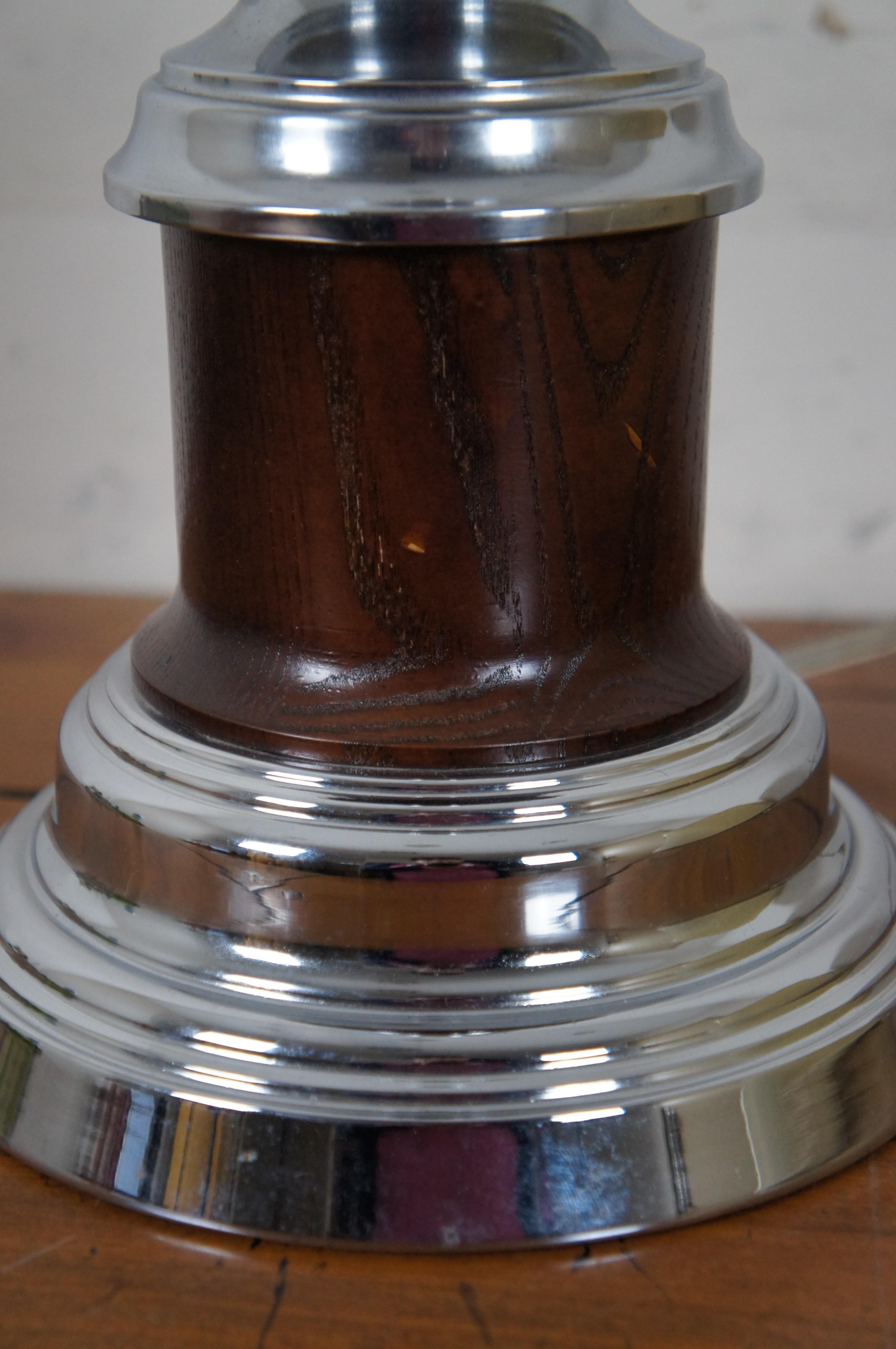 20th Century Vintage Turned Oak & Chrome Trophy Column Table Lamp For Sale