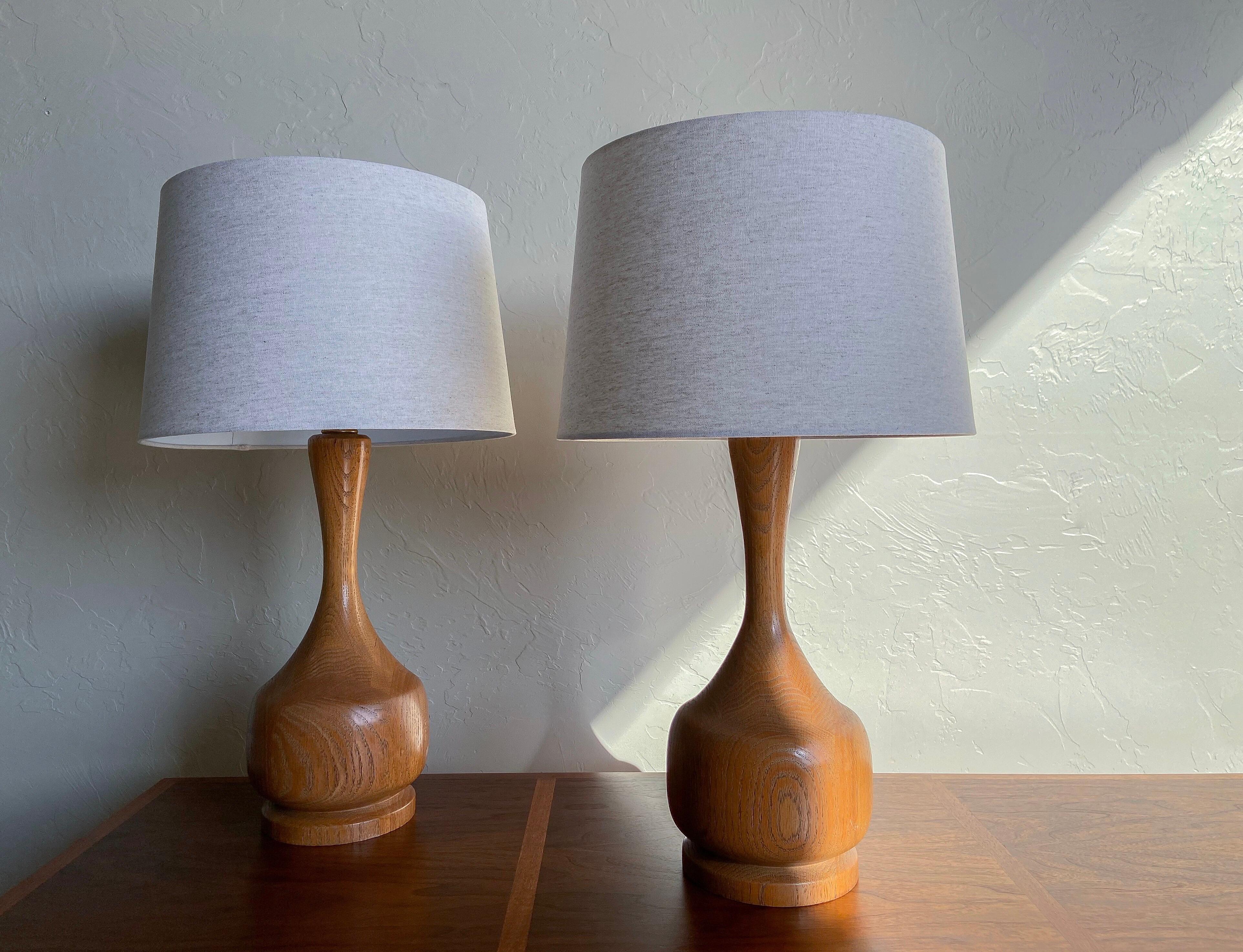 Hand-Crafted Vintage Turned Solid Oak Table Lamp Pair, 1970’s