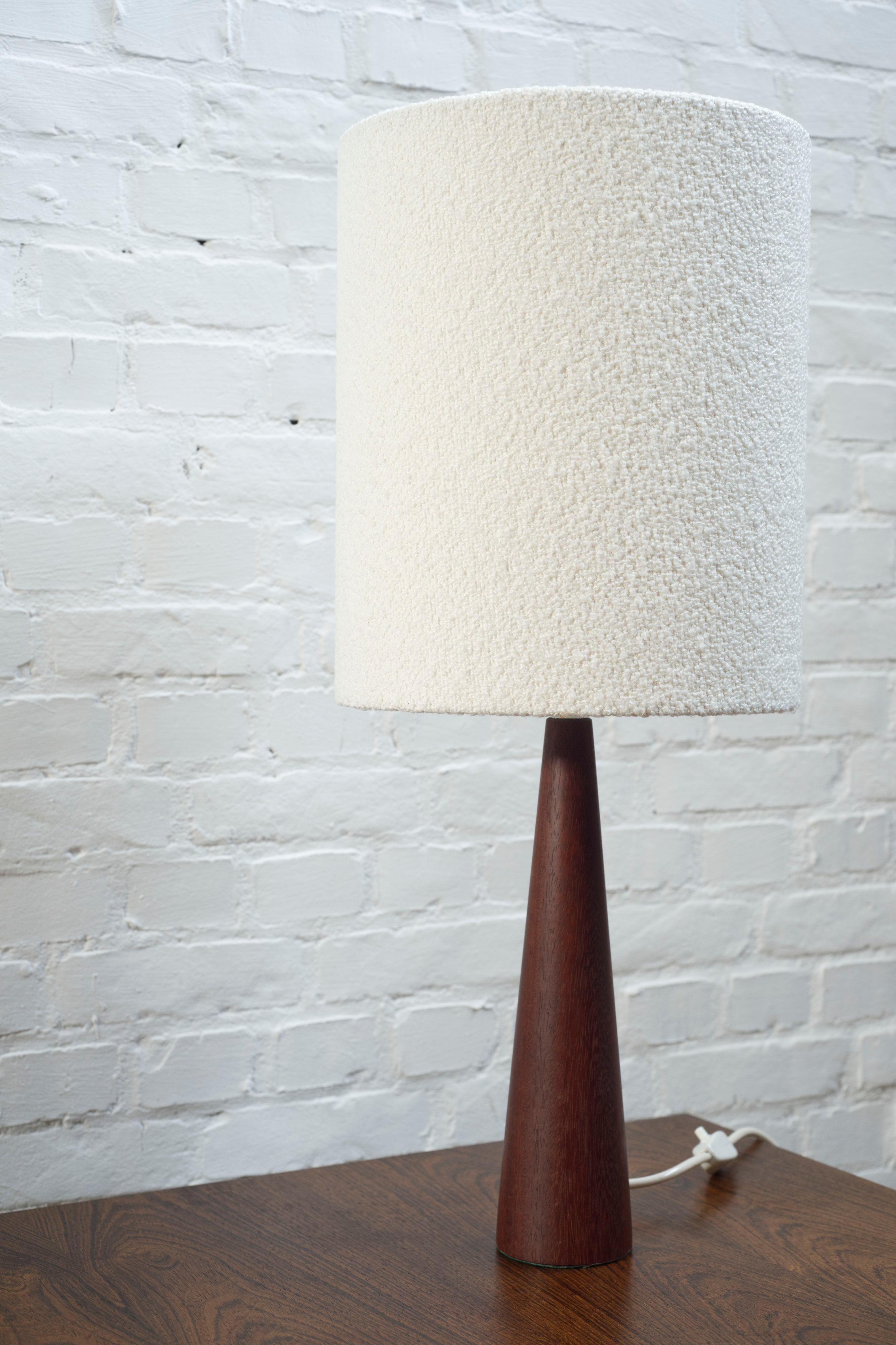 Vintage turned teak table lamp with a boucle lampshade 2