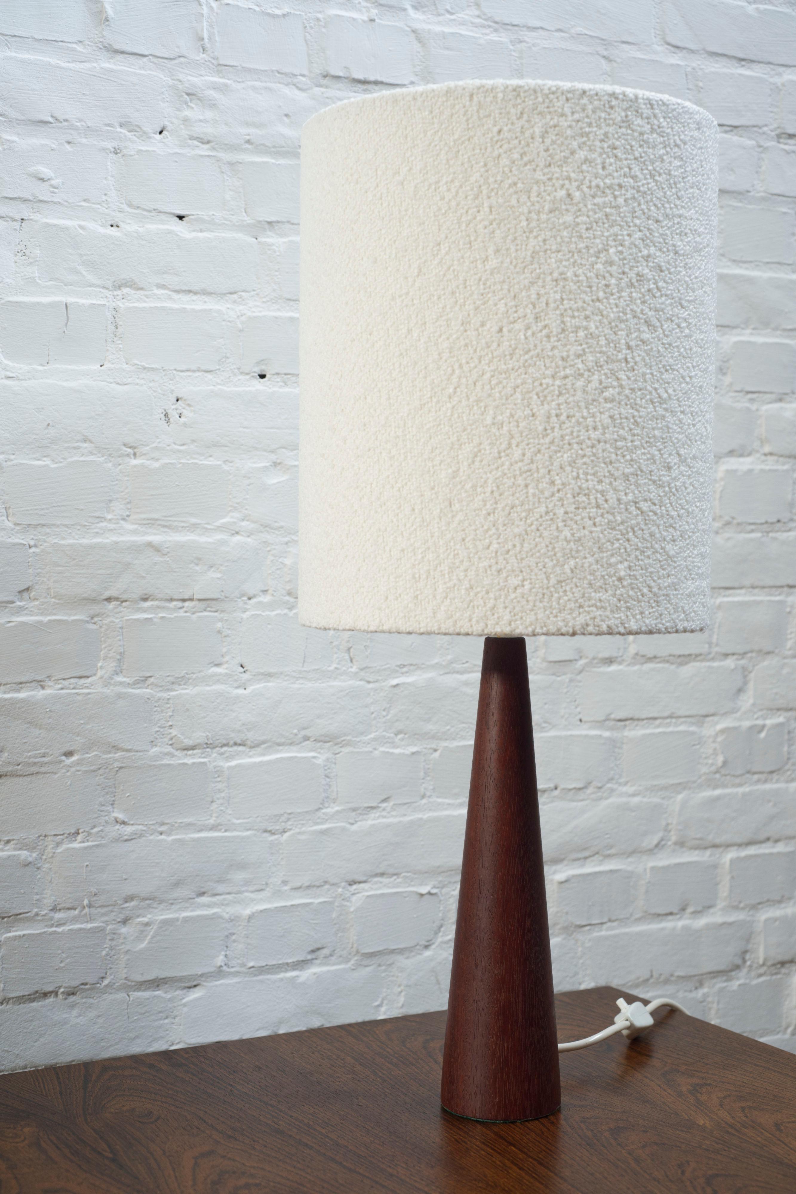 Vintage turned teak table lamp with a boucle lampshade 3
