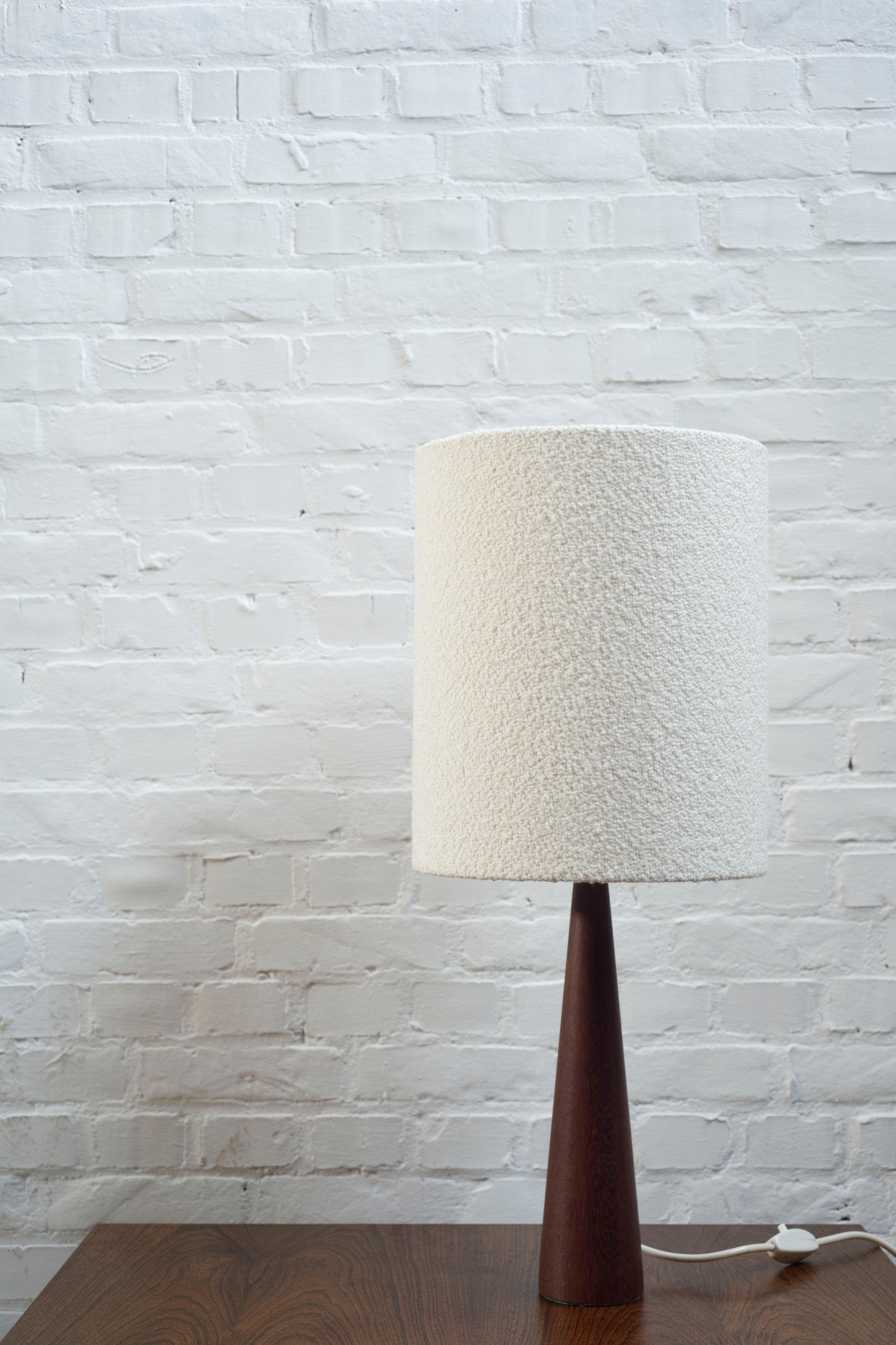 Scandinavian Modern Vintage turned teak table lamp with a boucle lampshade