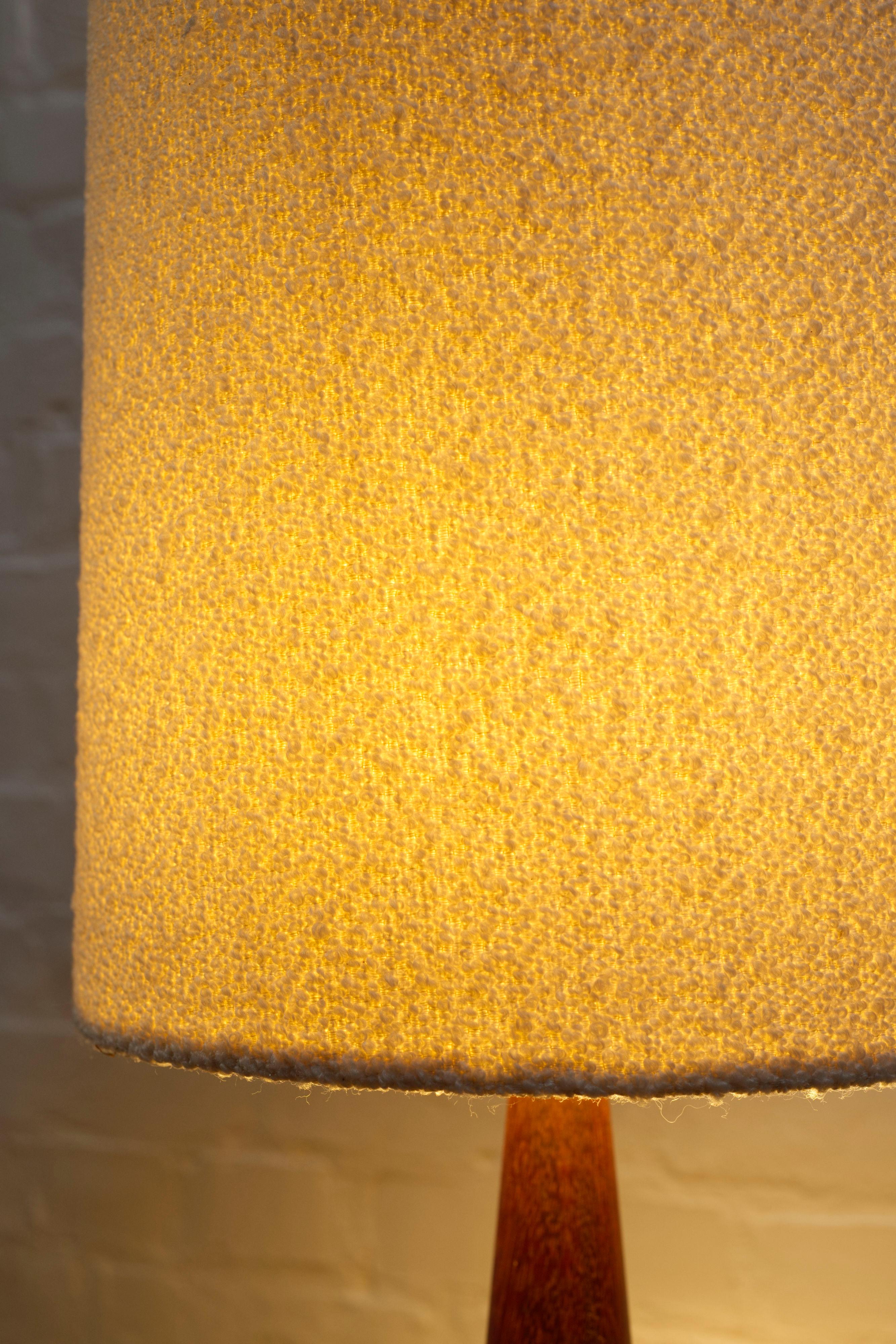 Turned Vintage turned teak table lamp with a boucle lampshade