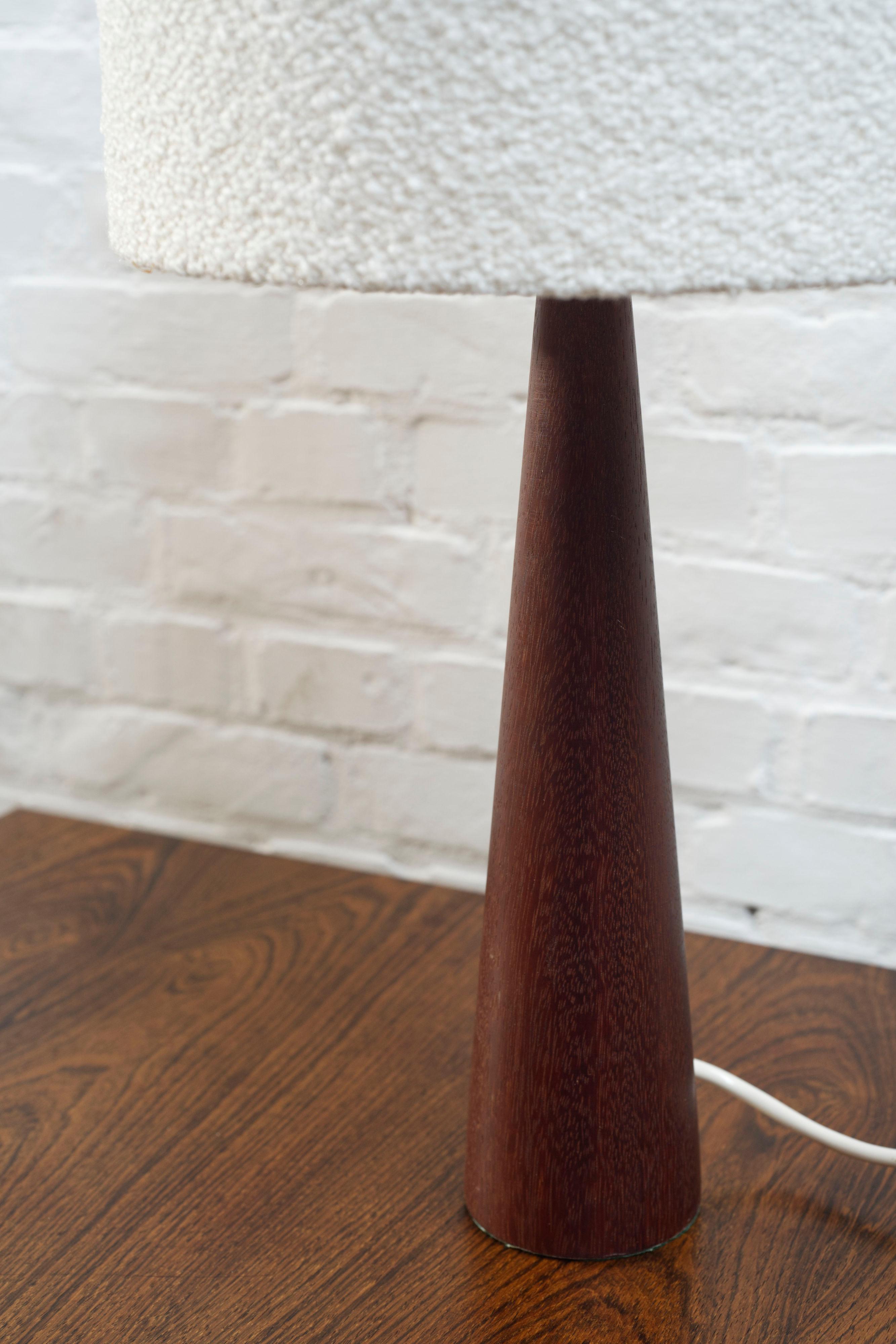 Mid-20th Century Vintage turned teak table lamp with a boucle lampshade