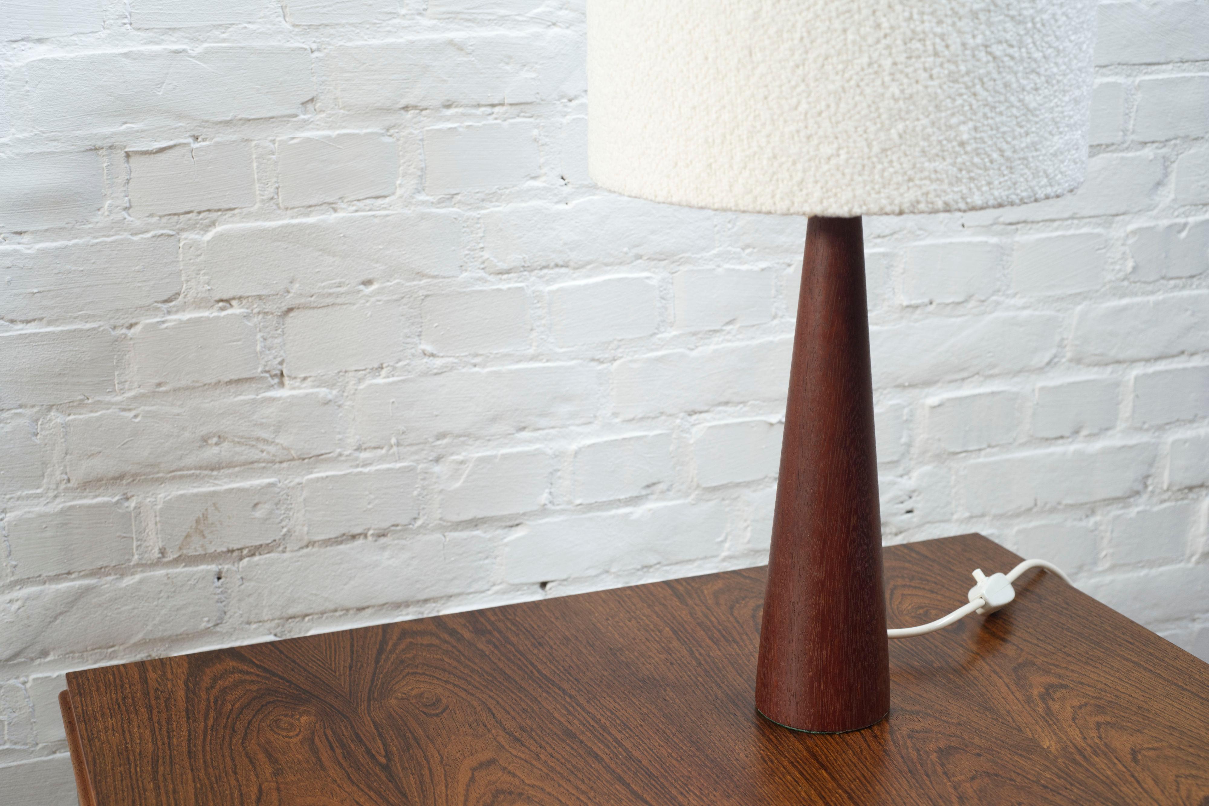Vintage turned teak table lamp with a boucle lampshade 1