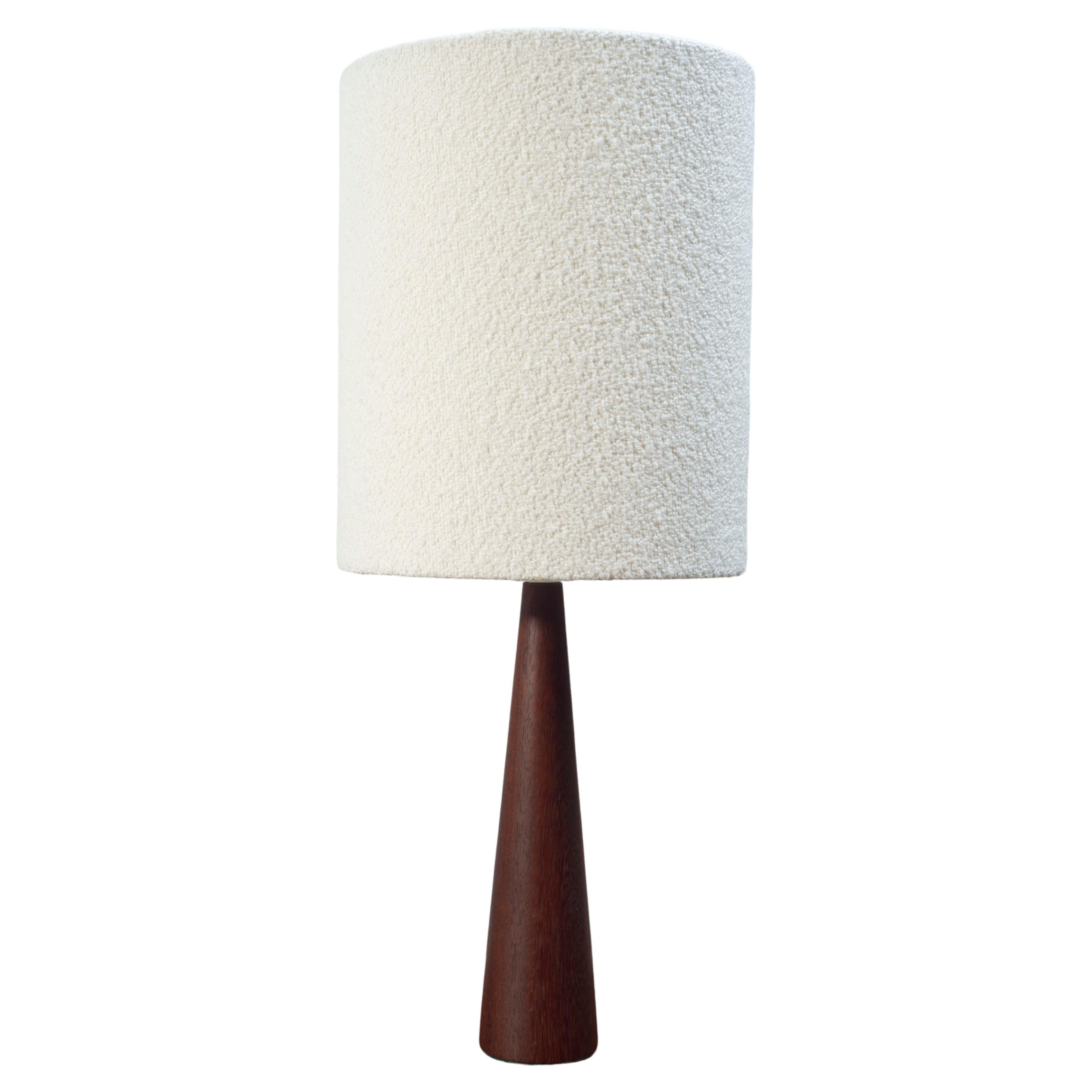 Vintage turned teak table lamp with a boucle lampshade
