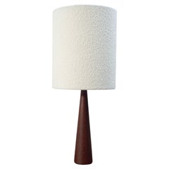 Retro turned teak table lamp with a boucle lampshade
