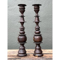 Vintage Turned Wood Candlesticks - A Pair