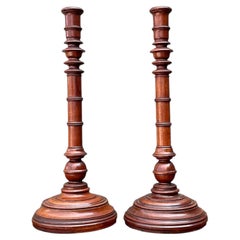 Paire de chandeliers vintage en bois tourné