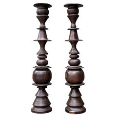 Vintage Turned Wood Candlesticks - A Pair