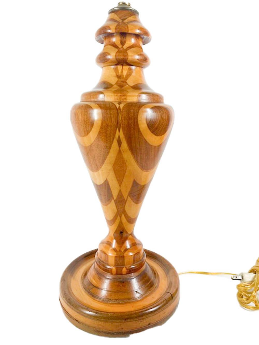 Folk Art Vintage Turned Wood Lamp Made of Mahogany, Maple and Walnut For Sale