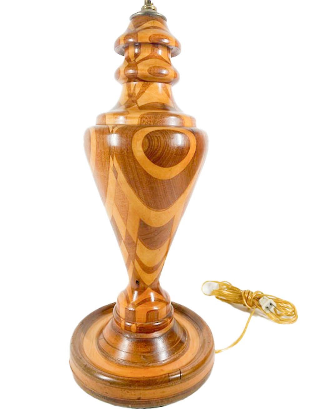 American Vintage Turned Wood Lamp Made of Mahogany, Maple and Walnut For Sale