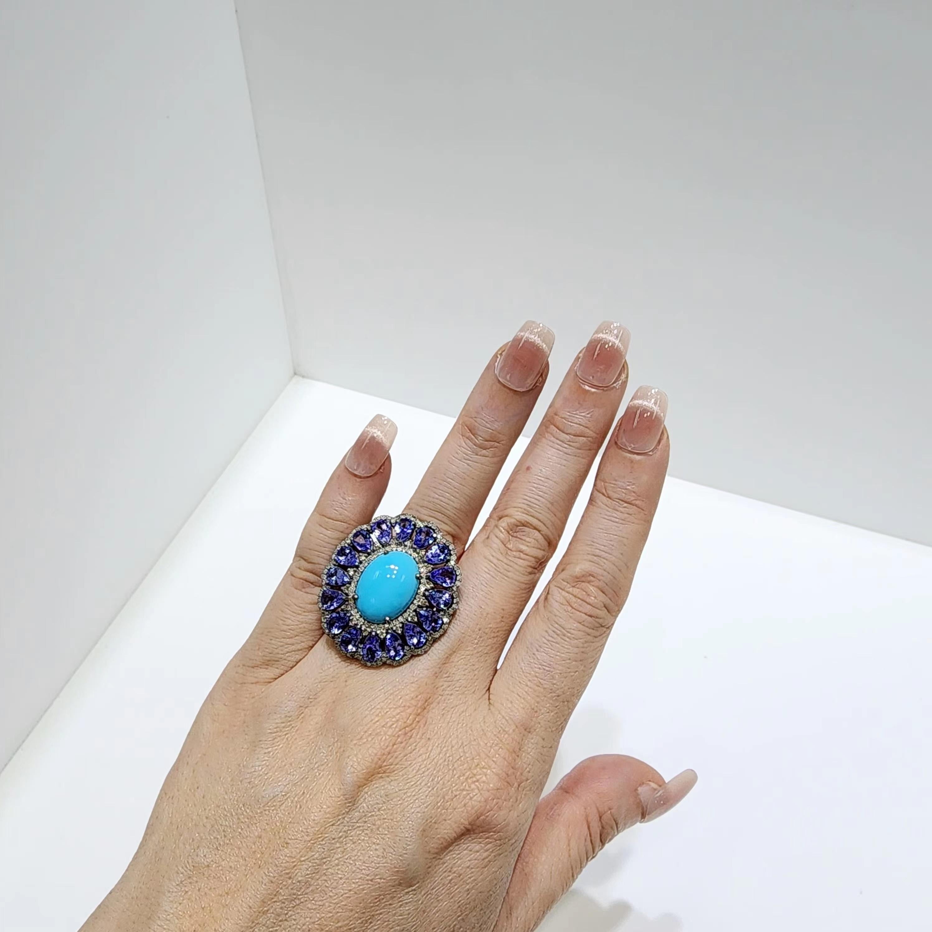 Art Deco Vintage Turquoise 12.25Ct Tanzanite and Natural Diamond Ring in Silver 925 For Sale