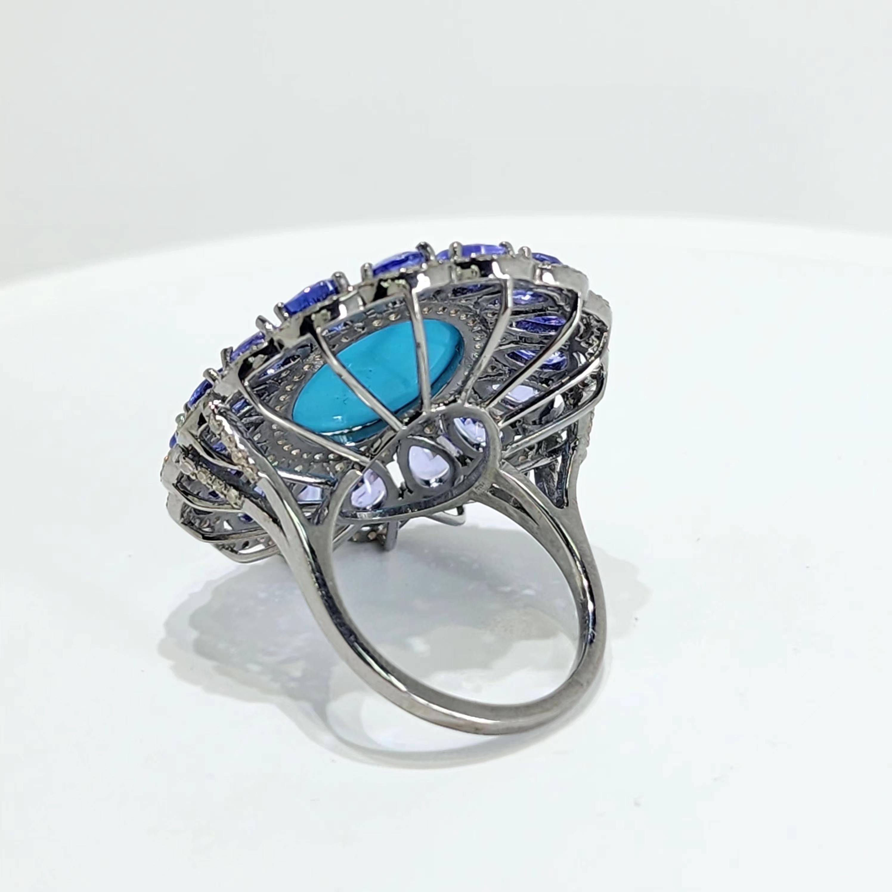 Cabochon Vintage Turquoise 12.25Ct Tanzanite and Natural Diamond Ring in Silver 925 For Sale