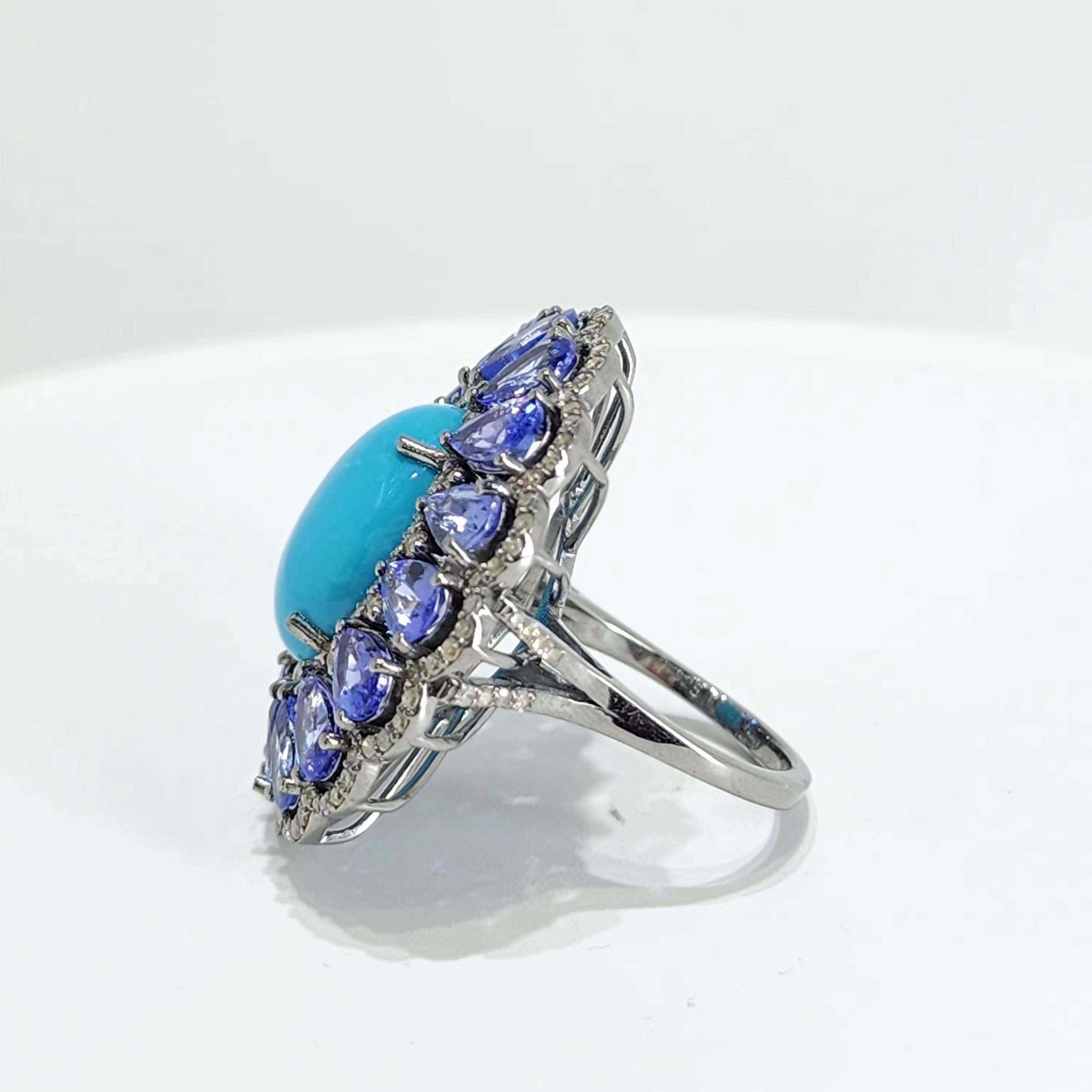 Vintage Turquoise 12.25Ct Tanzanite and Natural Diamond Ring in Silver 925 In New Condition For Sale In Hong Kong, HK