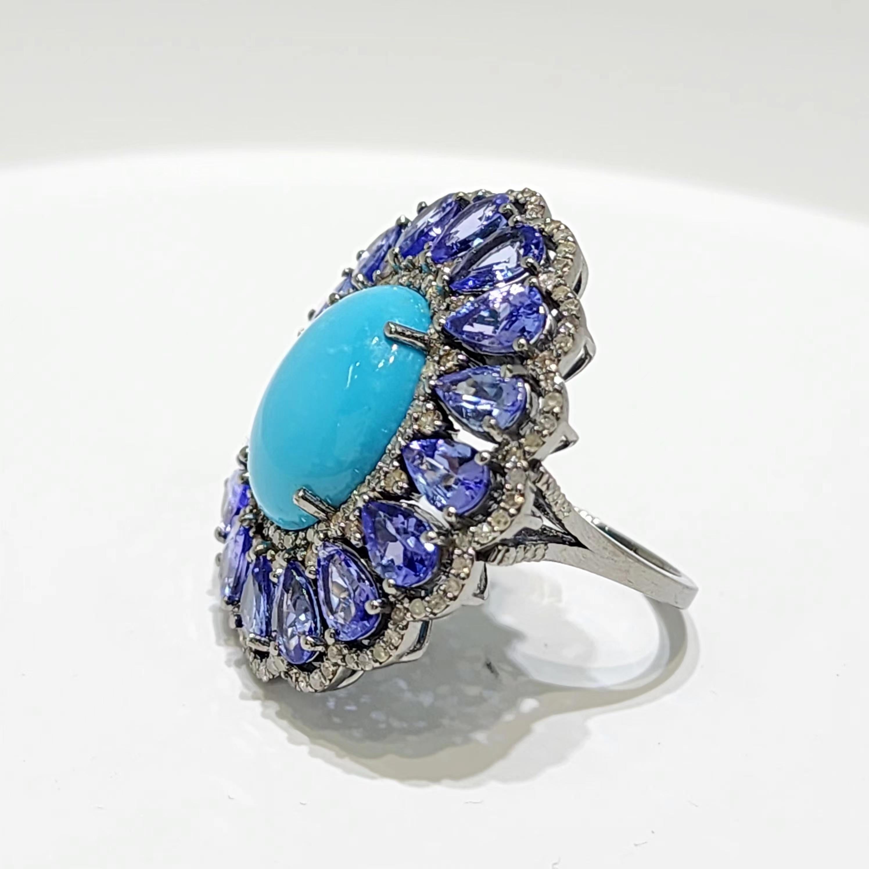 Women's Vintage Turquoise 12.25Ct Tanzanite and Natural Diamond Ring in Silver 925 For Sale