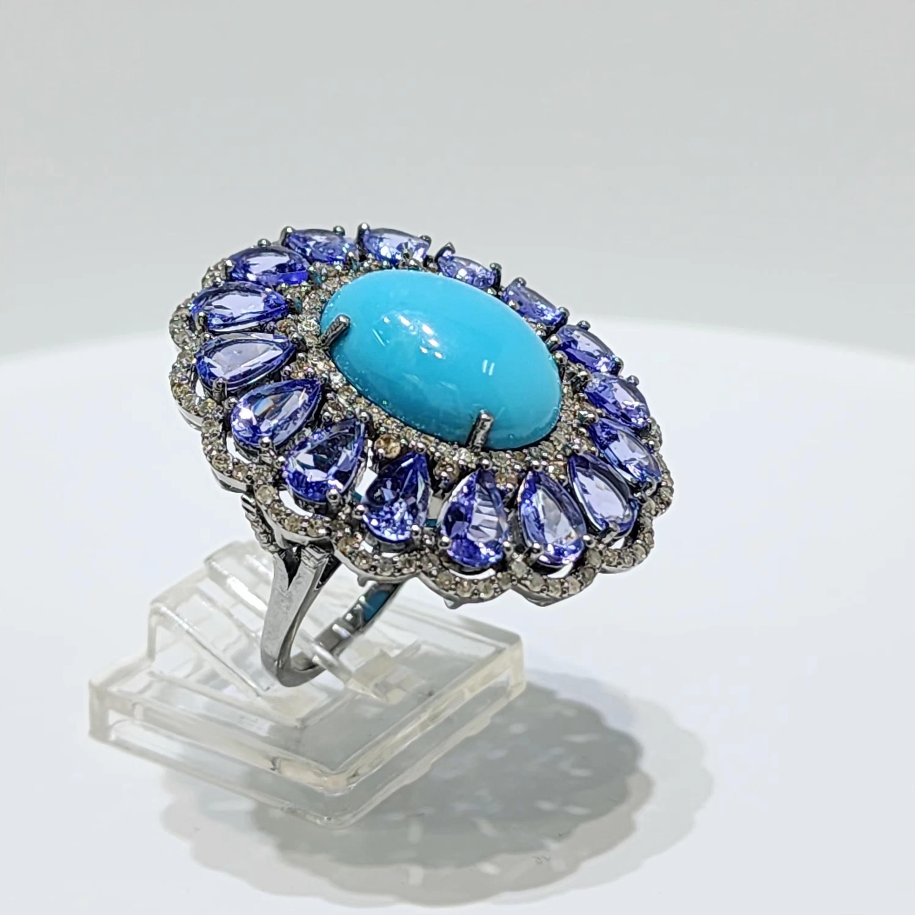 Vintage Turquoise 12.25Ct Tanzanite and Natural Diamond Ring in Silver 925 For Sale 1