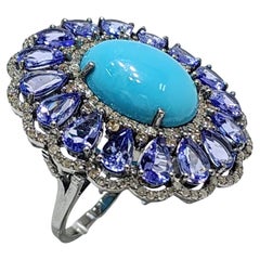 Vintage Turquoise 12.25Ct Tanzanite and Natural Diamond Ring in Silver 925