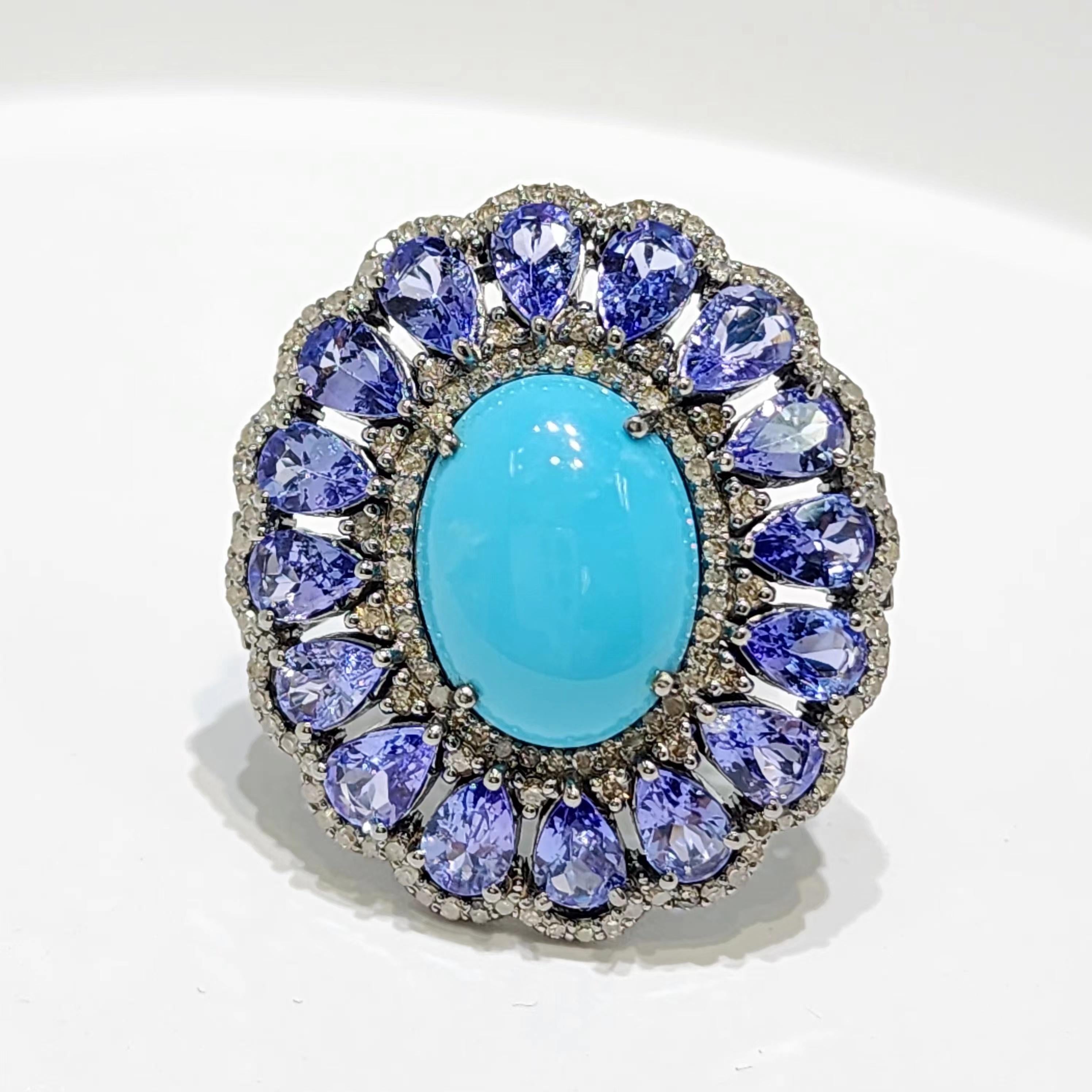 Vintage Turquoise 12.25Ct Tanzanite and Natural Diamond Ring in Silver 925 For Sale 2