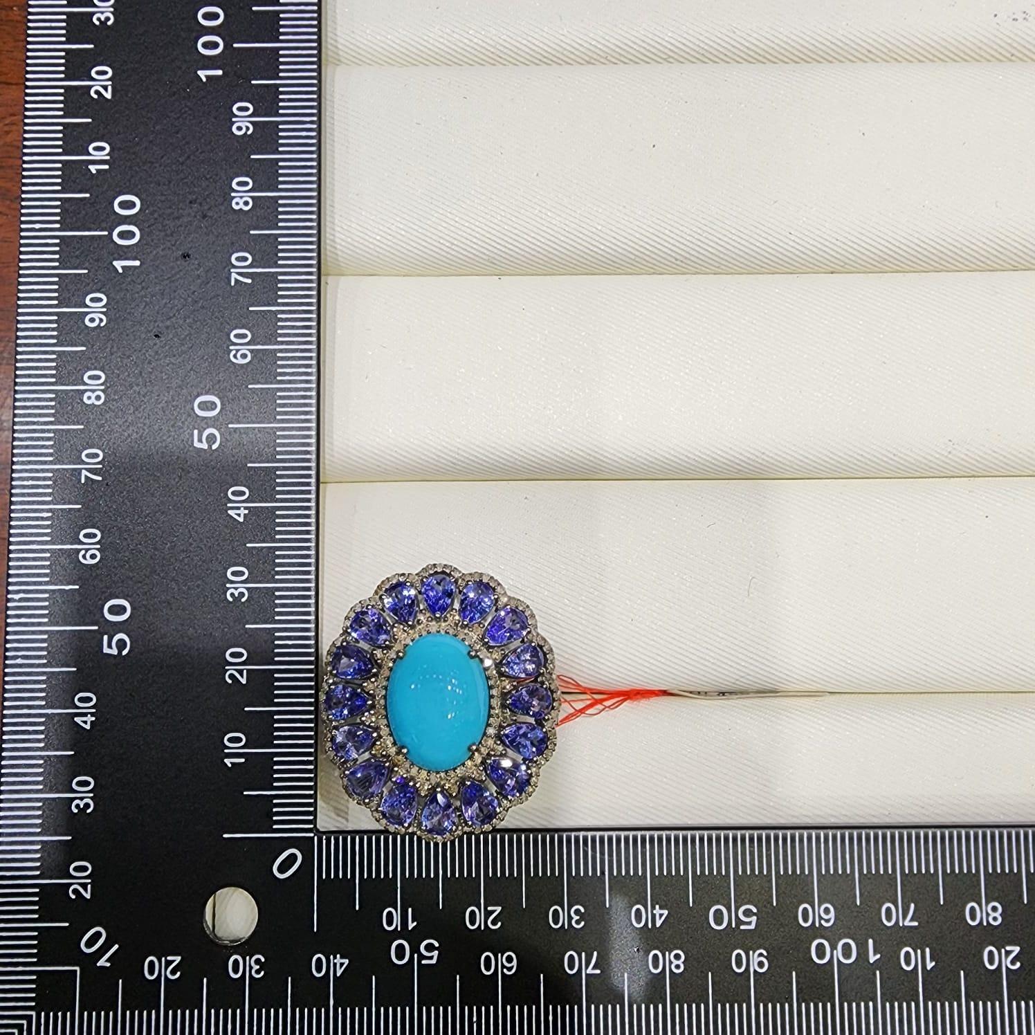 Vintage Turquoise 12.25Ct Tanzanite and Natural Diamond Ring in Silver 925 en venta 3