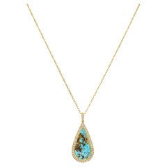 Vintage Turquoise 1.25 Carats Diamond 18 Karat Gold Drop Pendant Necklace