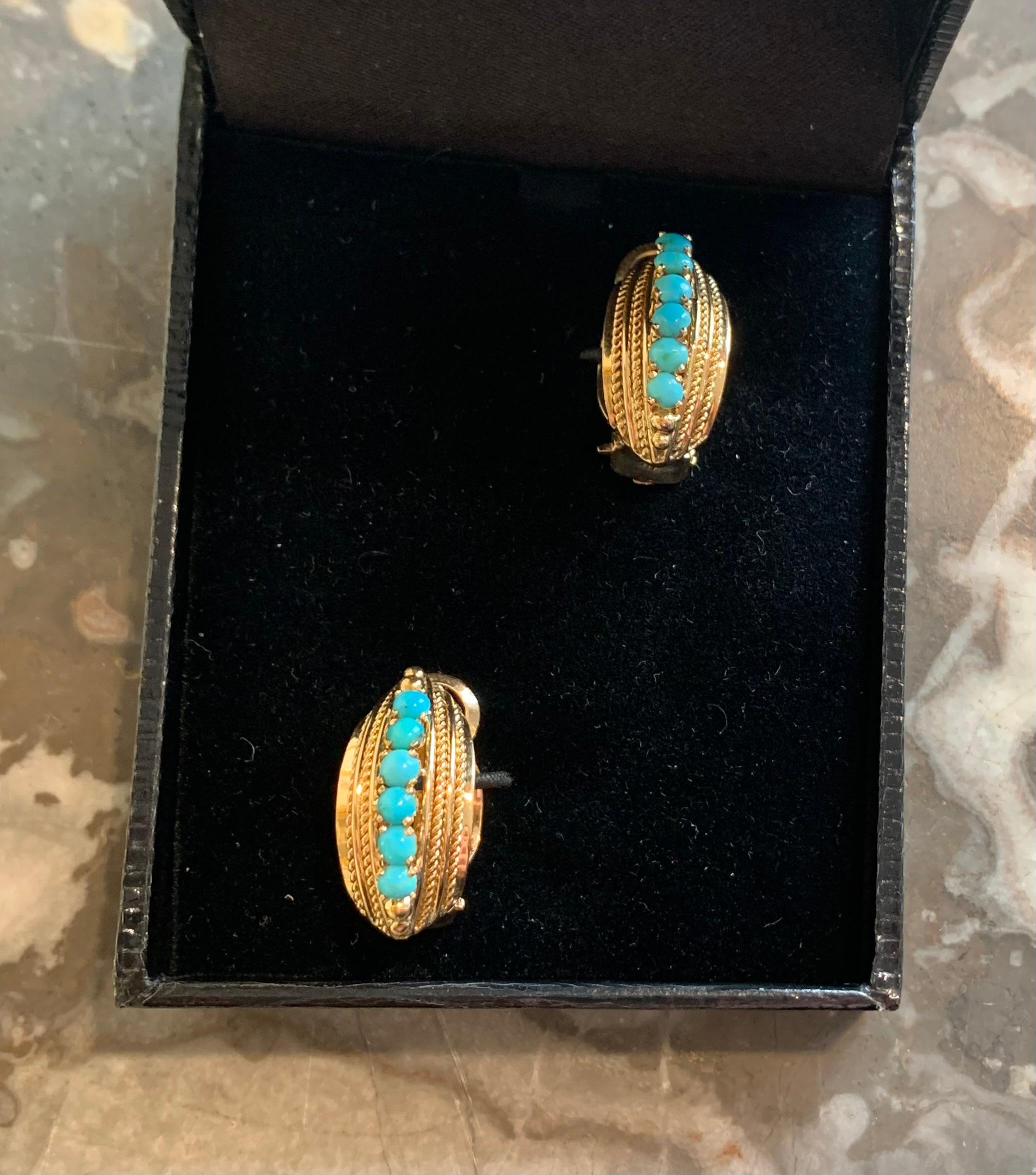 Cabochon Vintage Turquoise 18 Carat Rose Gold Earrings For Sale