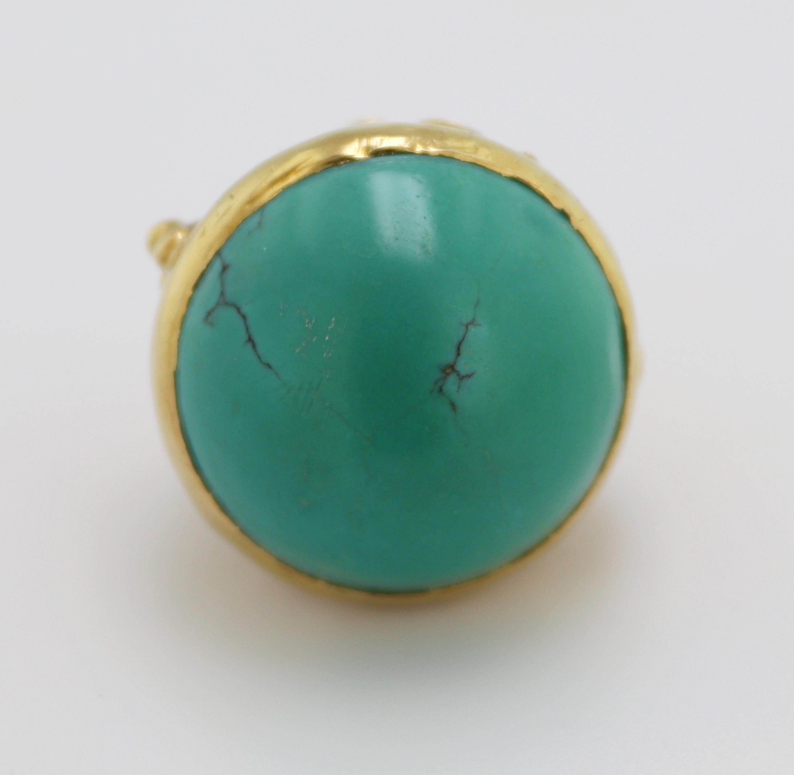 Artisan Vintage Turquoise, 18k Yellow Gold Fob Pendant For Sale