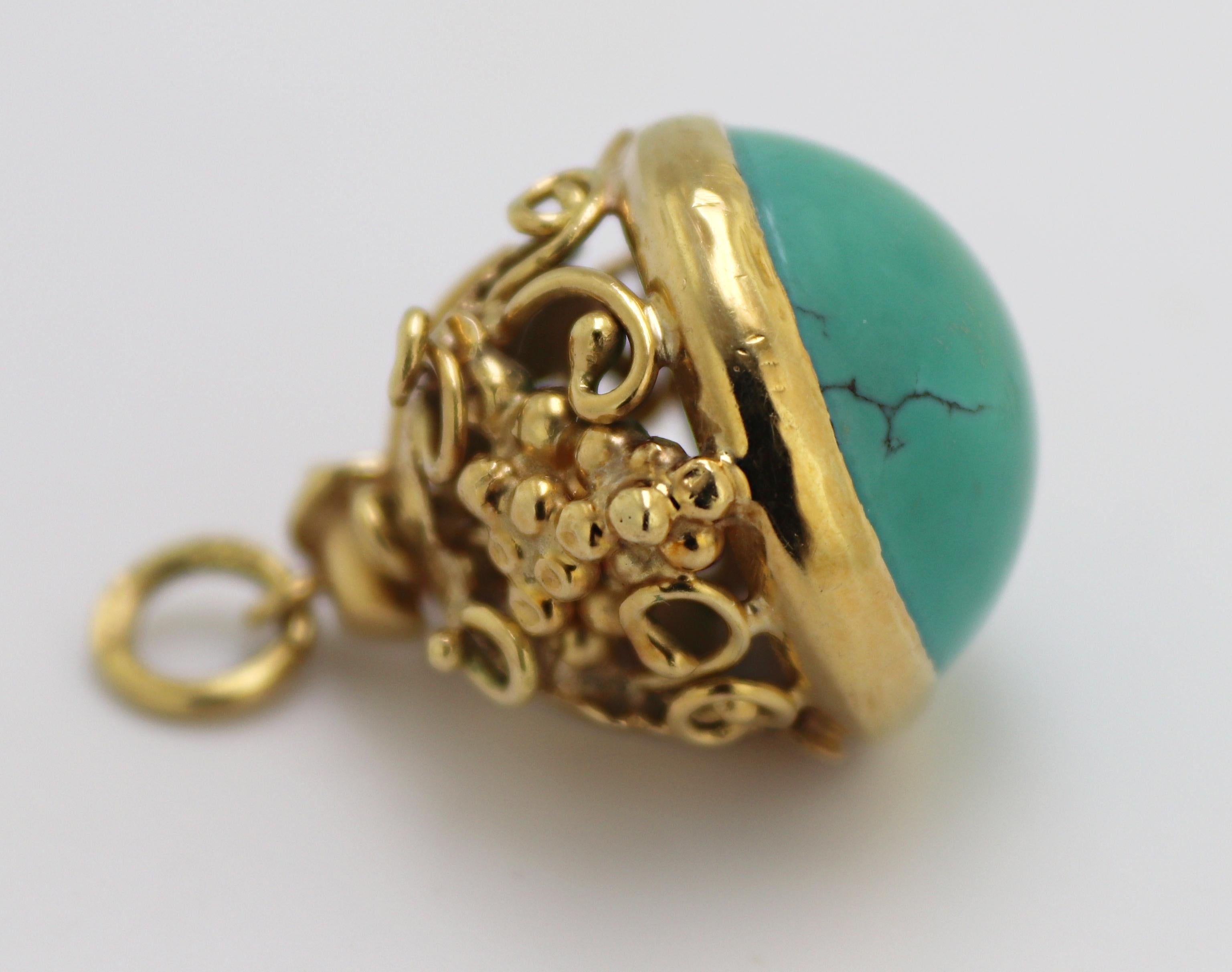 Cabochon Vintage Turquoise, 18k Yellow Gold Fob Pendant For Sale