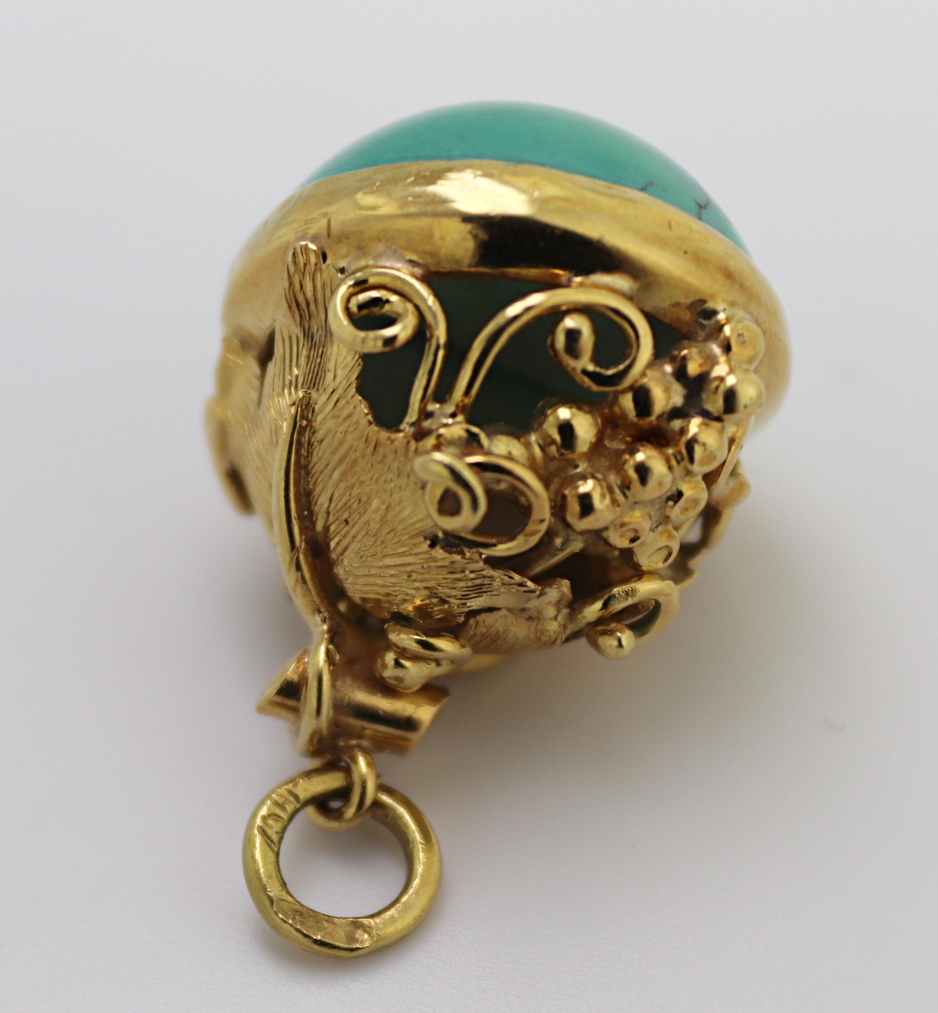 Women's or Men's Vintage Turquoise, 18k Yellow Gold Fob Pendant For Sale