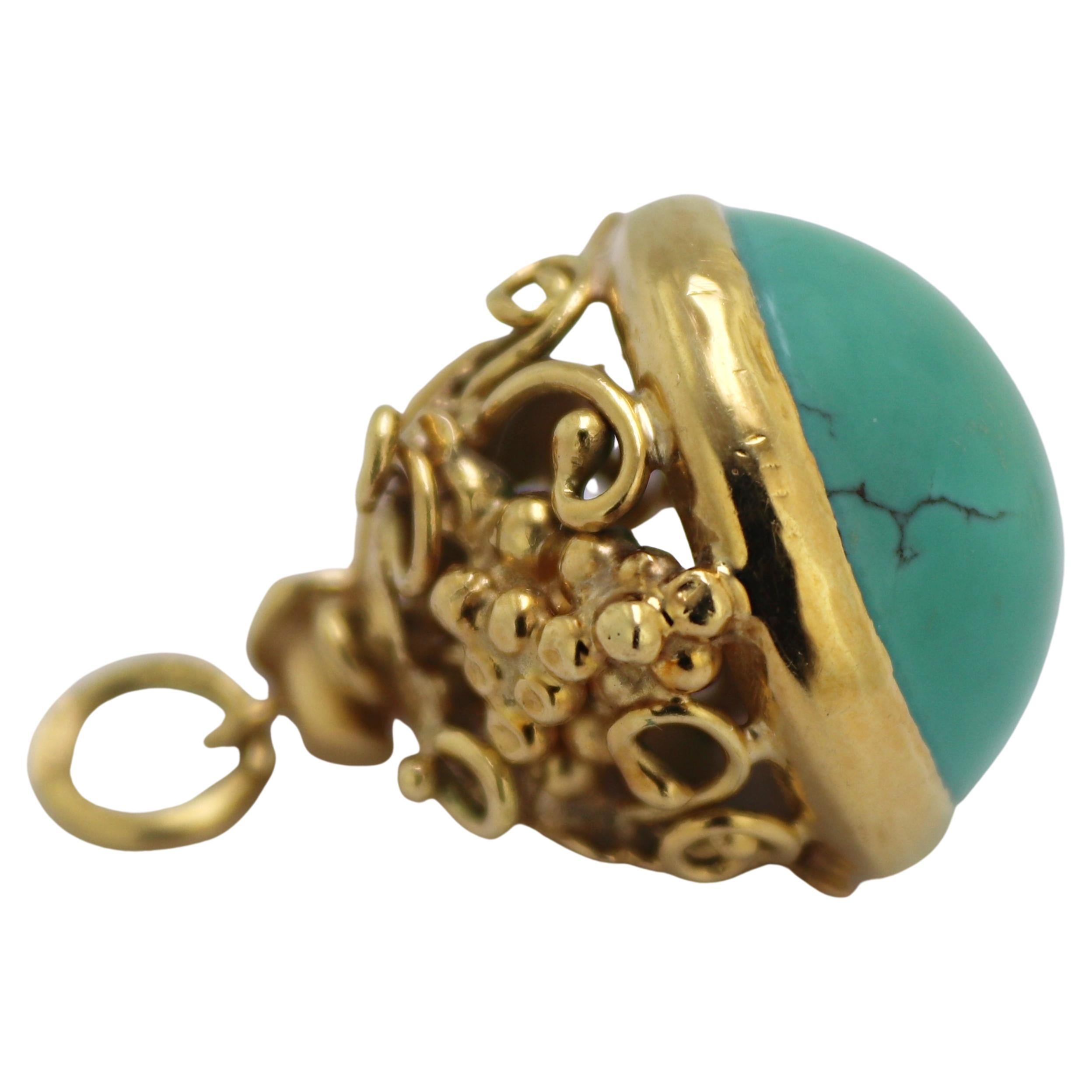 Vintage Turquoise, 18k Yellow Gold Fob Pendant For Sale