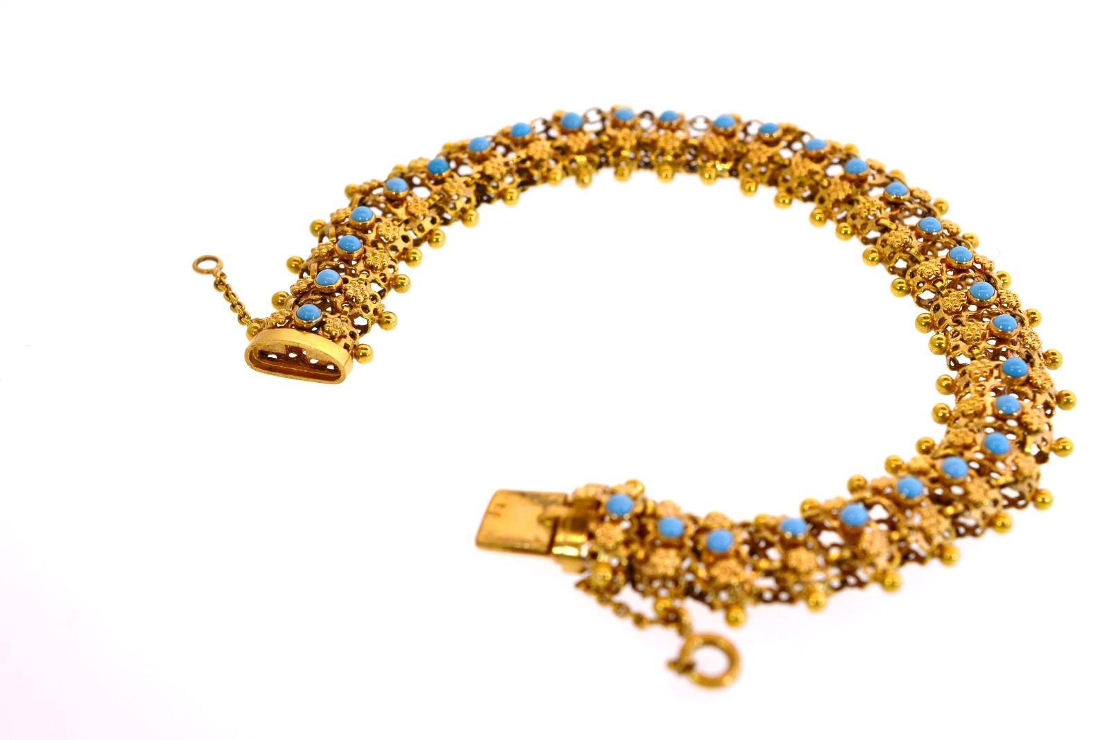 Etruscan Revival Vintage Turquoise 19 Karat Gold Bracelet