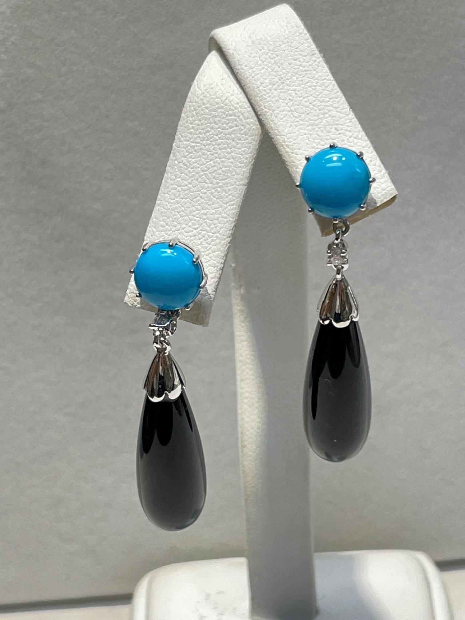 Modern Vintage Turquoise Agate and Diamond Gold Drop Earrings Estate Fine Jewelry For Sale
