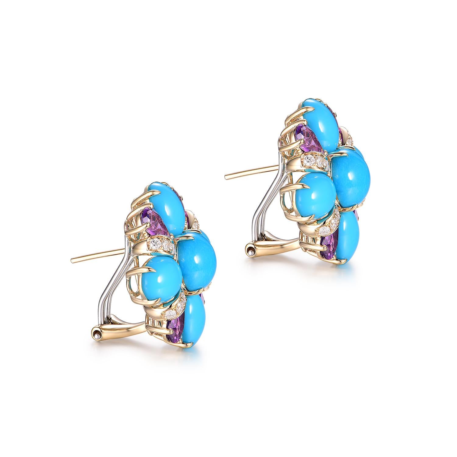 Contemporary Vintage Turquoise Amethyst Diamond Earrings in 14 Karat Yellow Gold For Sale