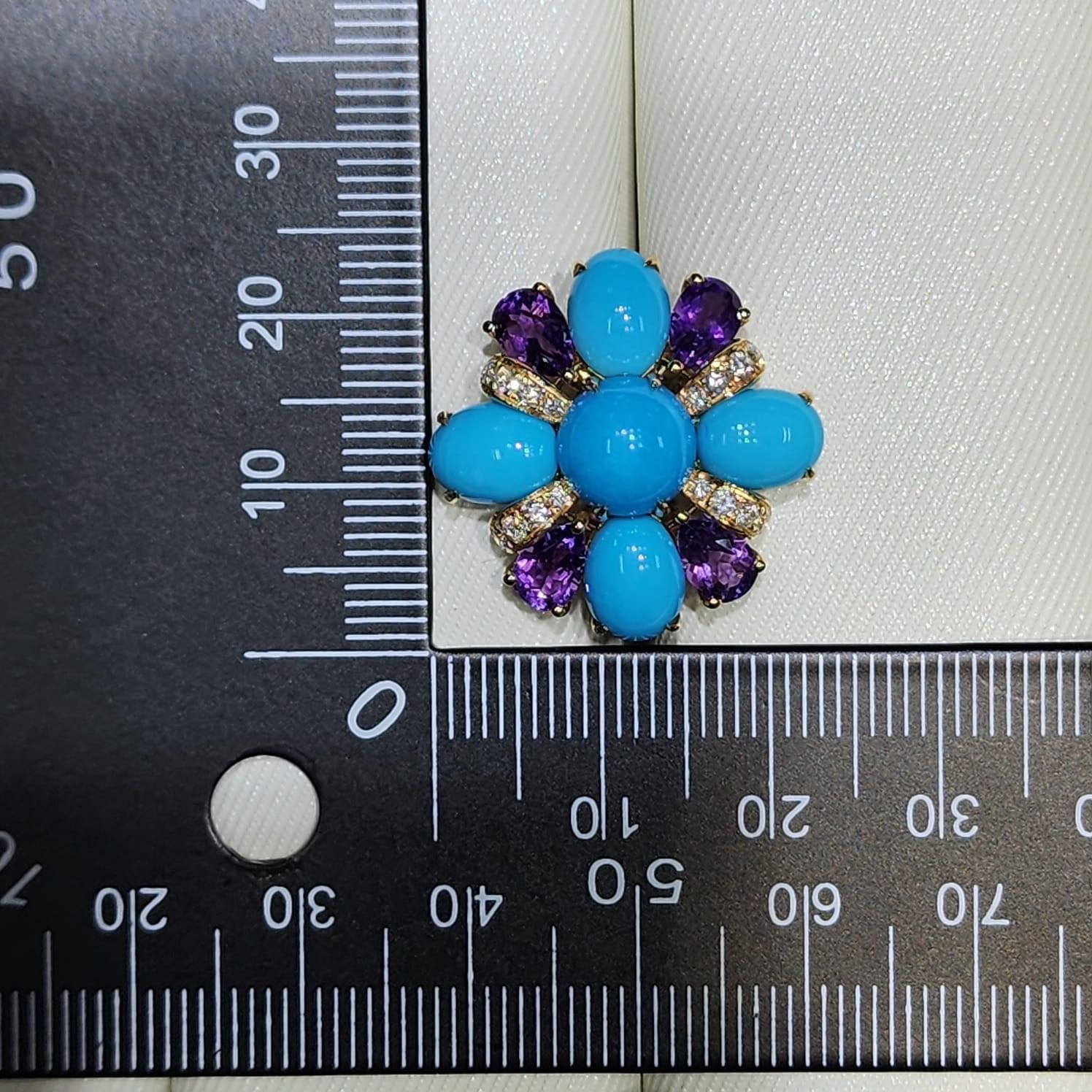Mixed Cut Vintage Turquoise Amethyst Diamond Earrings in 14 Karat Yellow Gold For Sale
