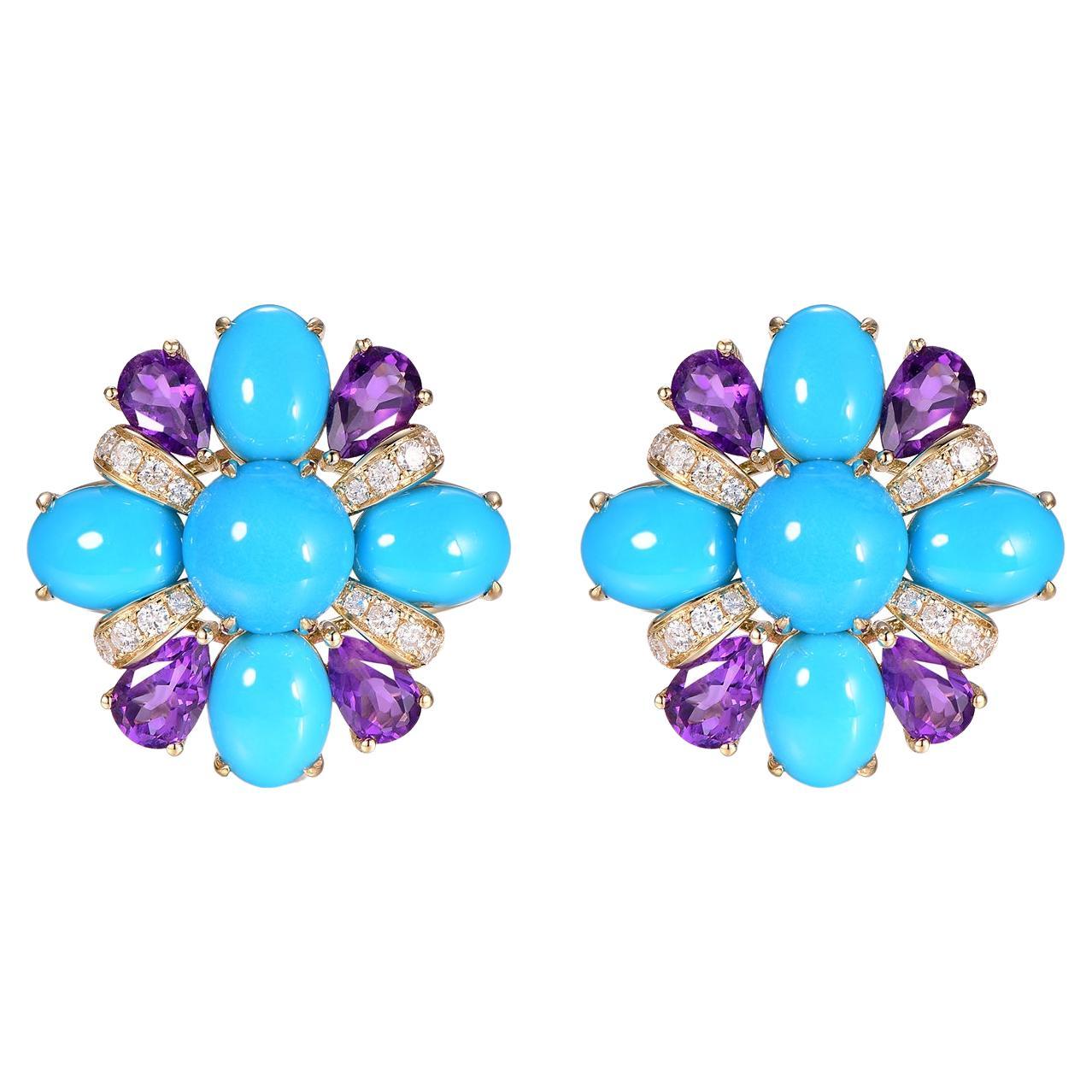 Vintage Turquoise Amethyst Diamond Earrings in 14 Karat Yellow Gold