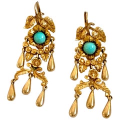 Vintage Turquoise and 14 Karat Yellow Gold Dangle Lever Back Earrings