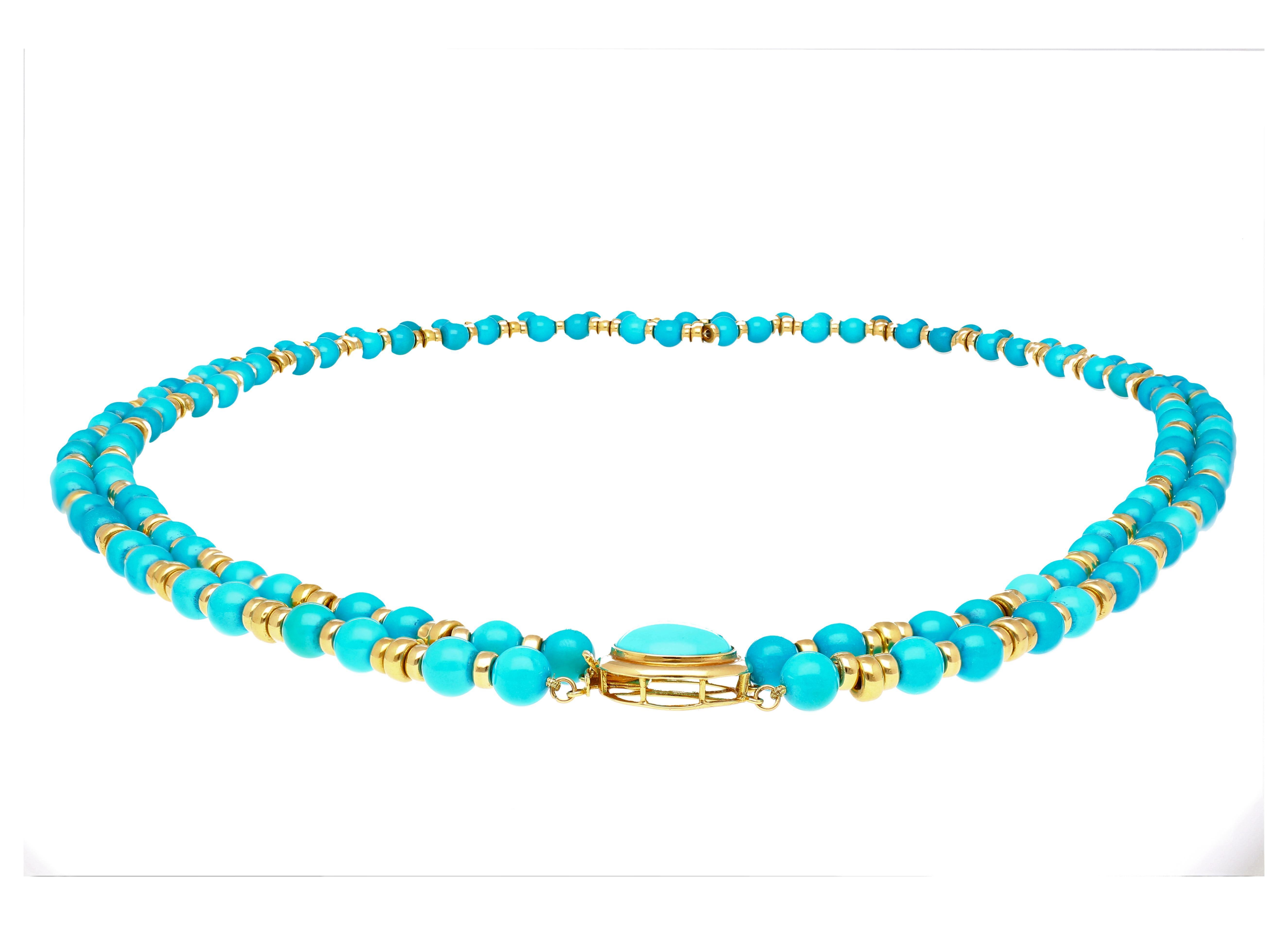 Art Déco Collana con perline e ciondoli in turchese d'epoca e oro 14k in vendita