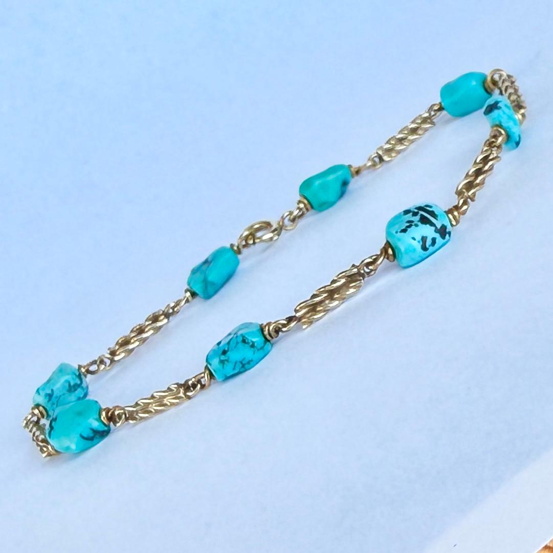 Vintage-Gliederarmband aus Türkis und 9 Karat Gold mit Türkis (Cabochon) im Angebot