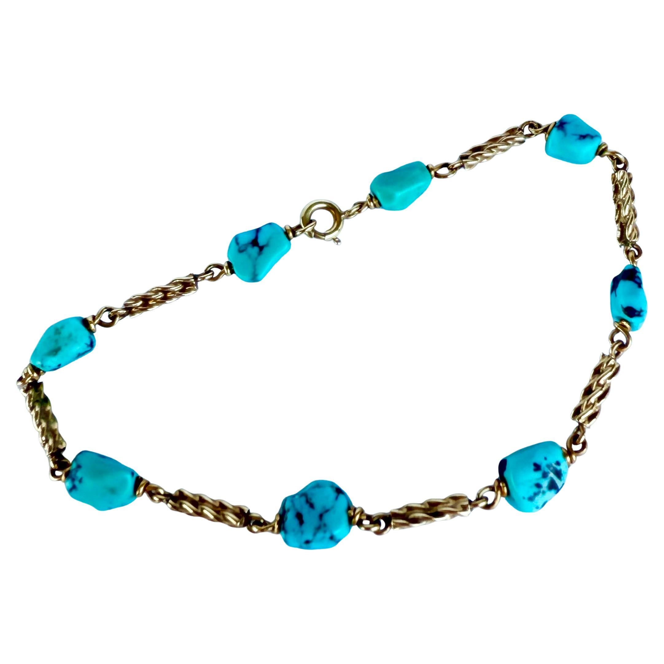 Vintage Turquoise and 9 Carat Gold Link Bracelet