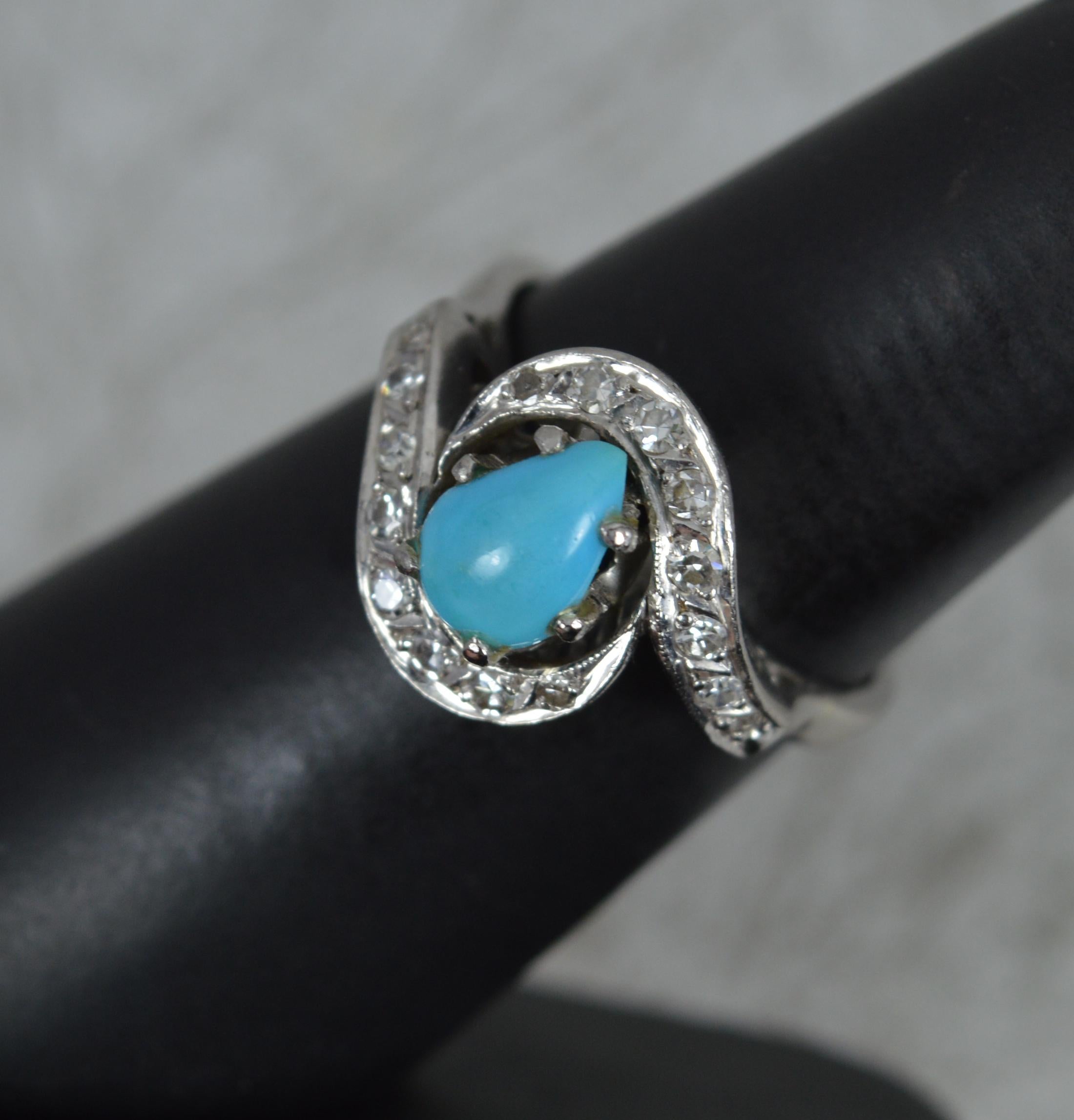 Vintage Turquoise and Diamond 14ct White Gold Cluster Ring on Twist For Sale 3