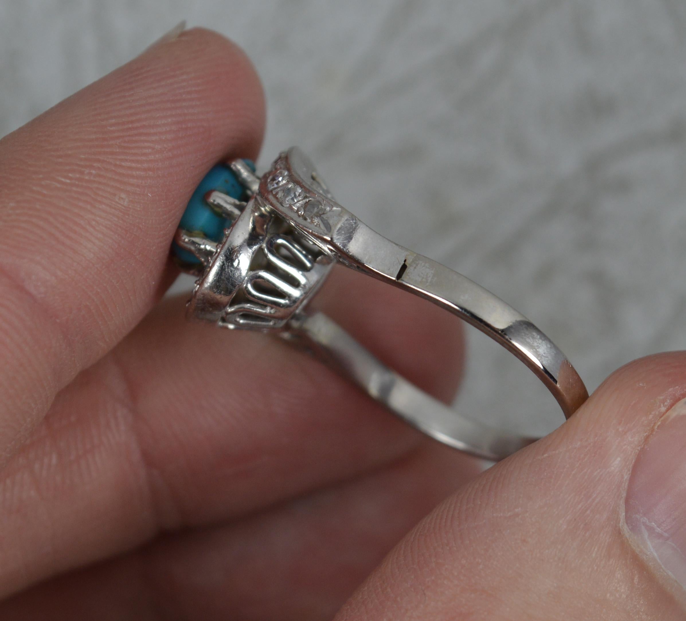 Pear Cut Vintage Turquoise and Diamond 14ct White Gold Cluster Ring on Twist For Sale