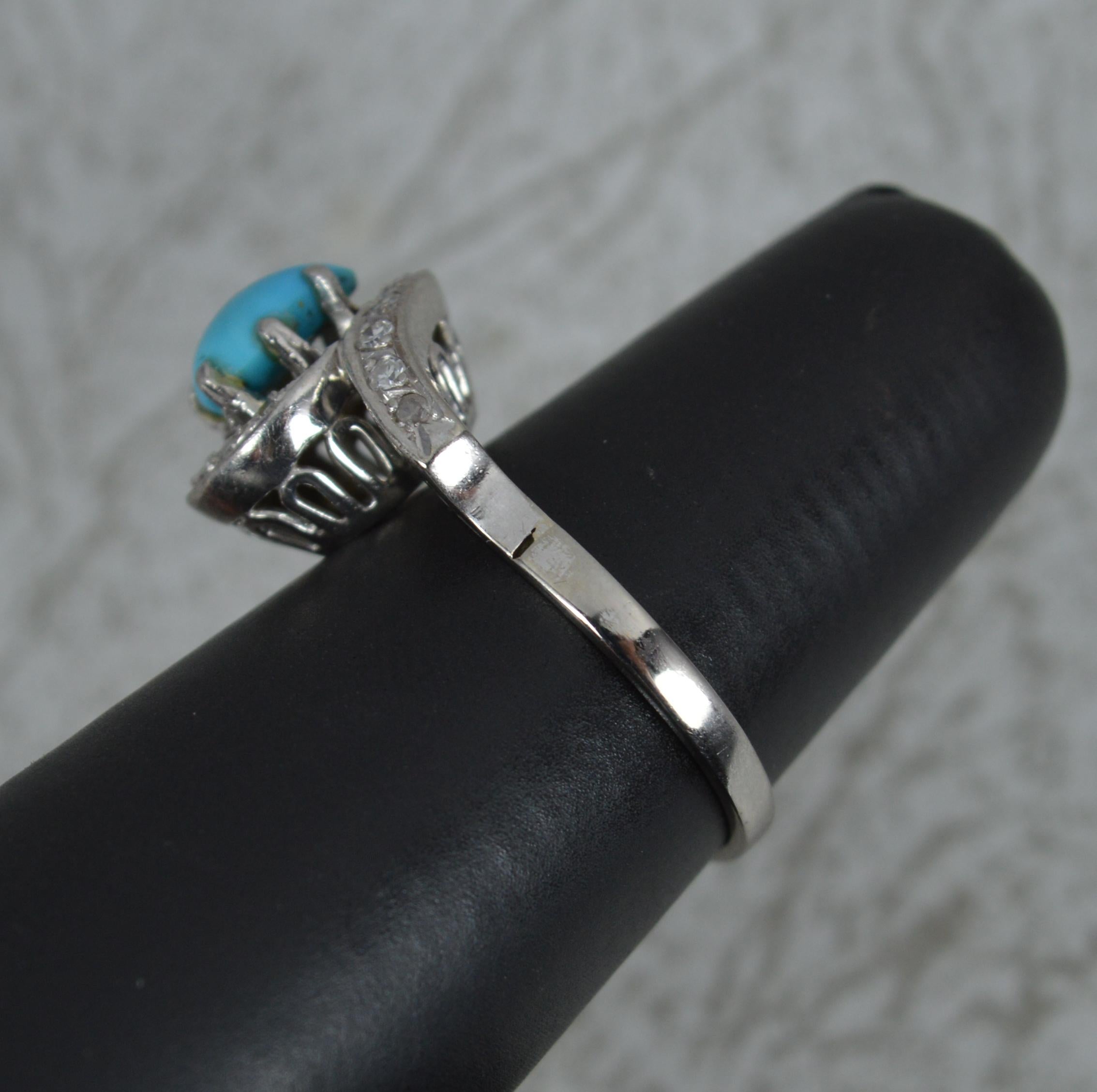 Women's Vintage Turquoise and Diamond 14ct White Gold Cluster Ring on Twist For Sale