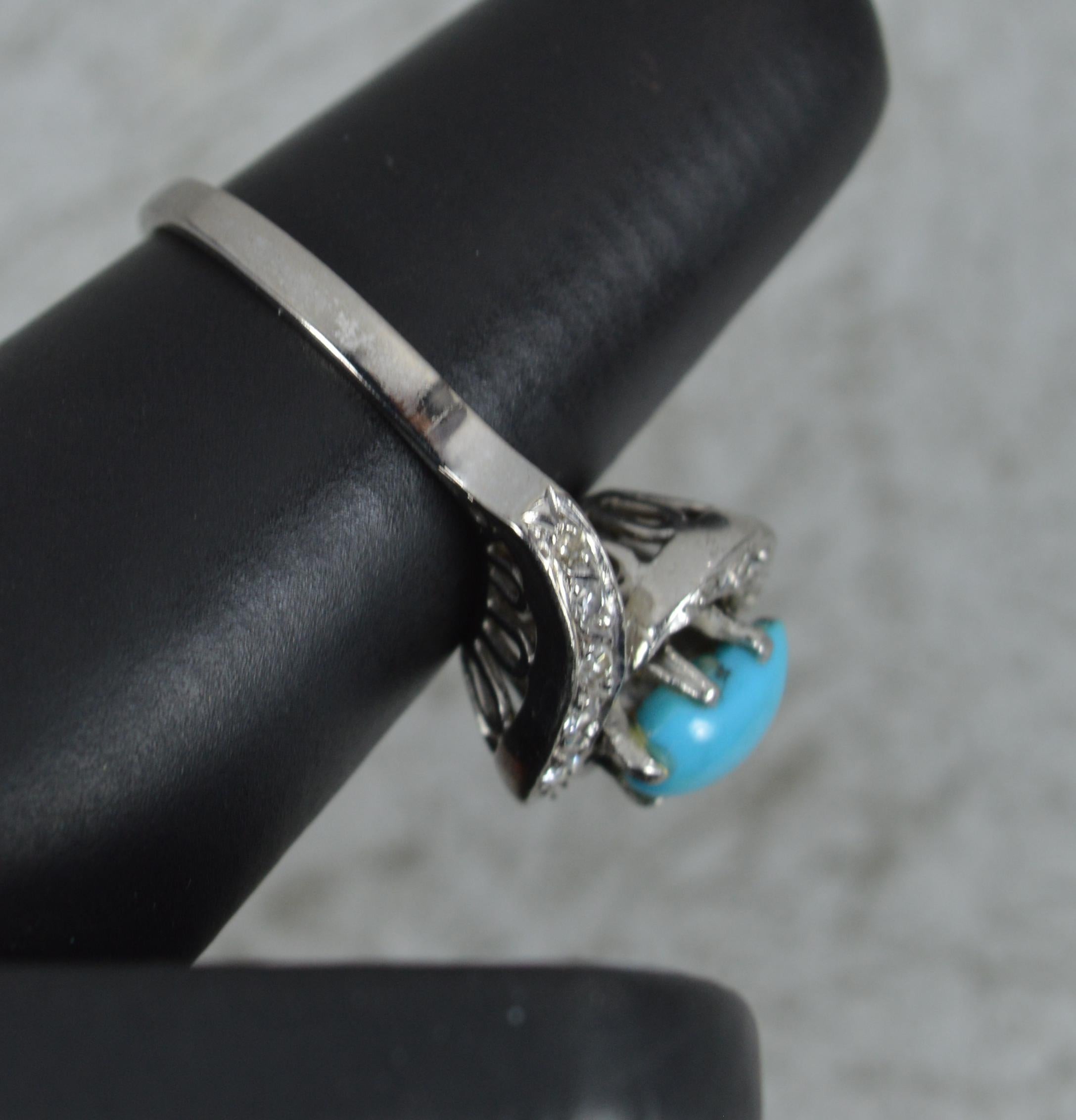 Vintage Turquoise and Diamond 14ct White Gold Cluster Ring on Twist For Sale 2