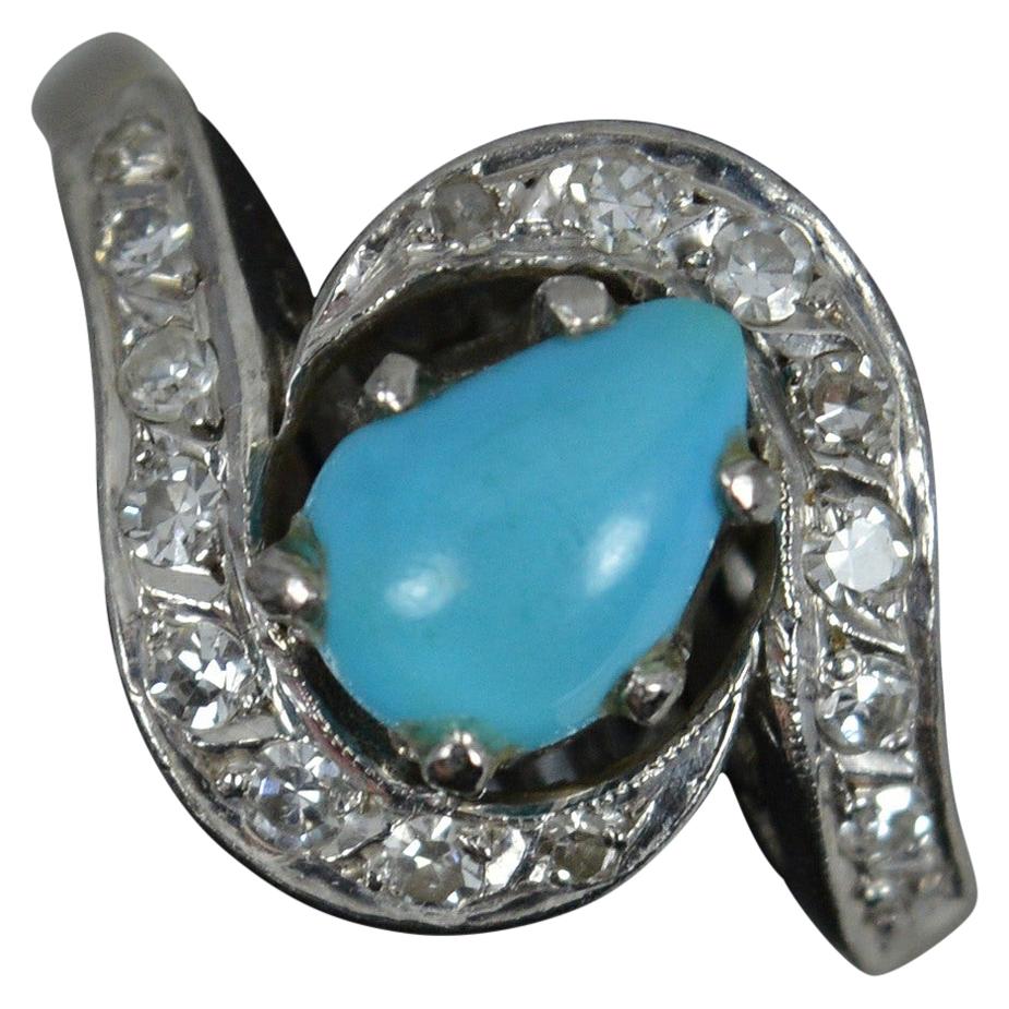 Vintage Turquoise and Diamond 14ct White Gold Cluster Ring on Twist For Sale
