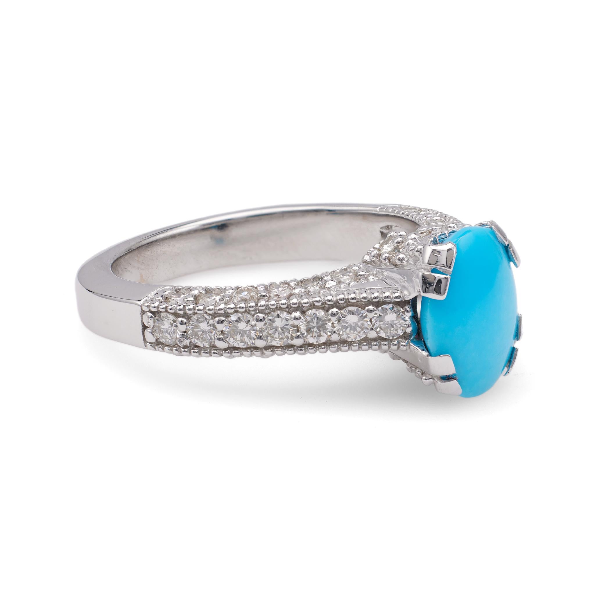 Vintage Turquoise and Diamond 18k White Gold Ring In Excellent Condition For Sale In Beverly Hills, CA