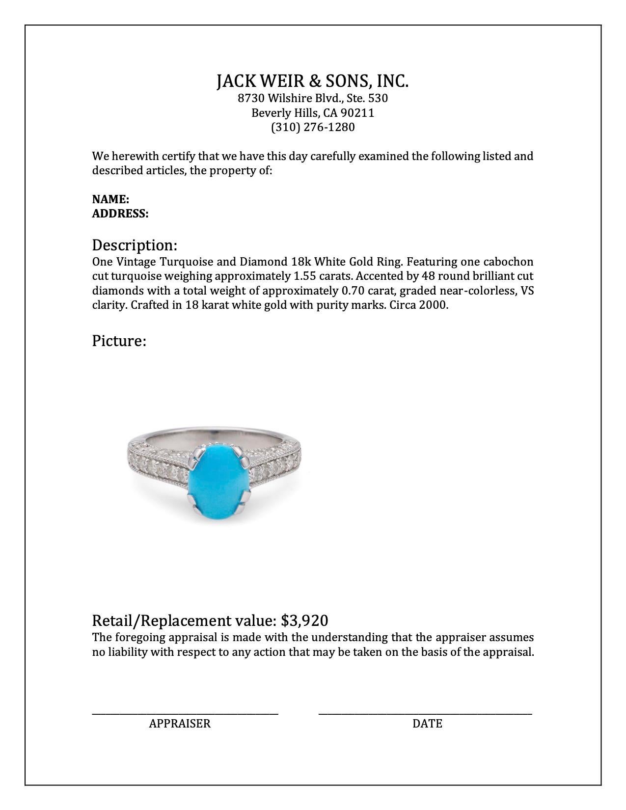 Vintage Turquoise and Diamond 18k White Gold Ring For Sale 1