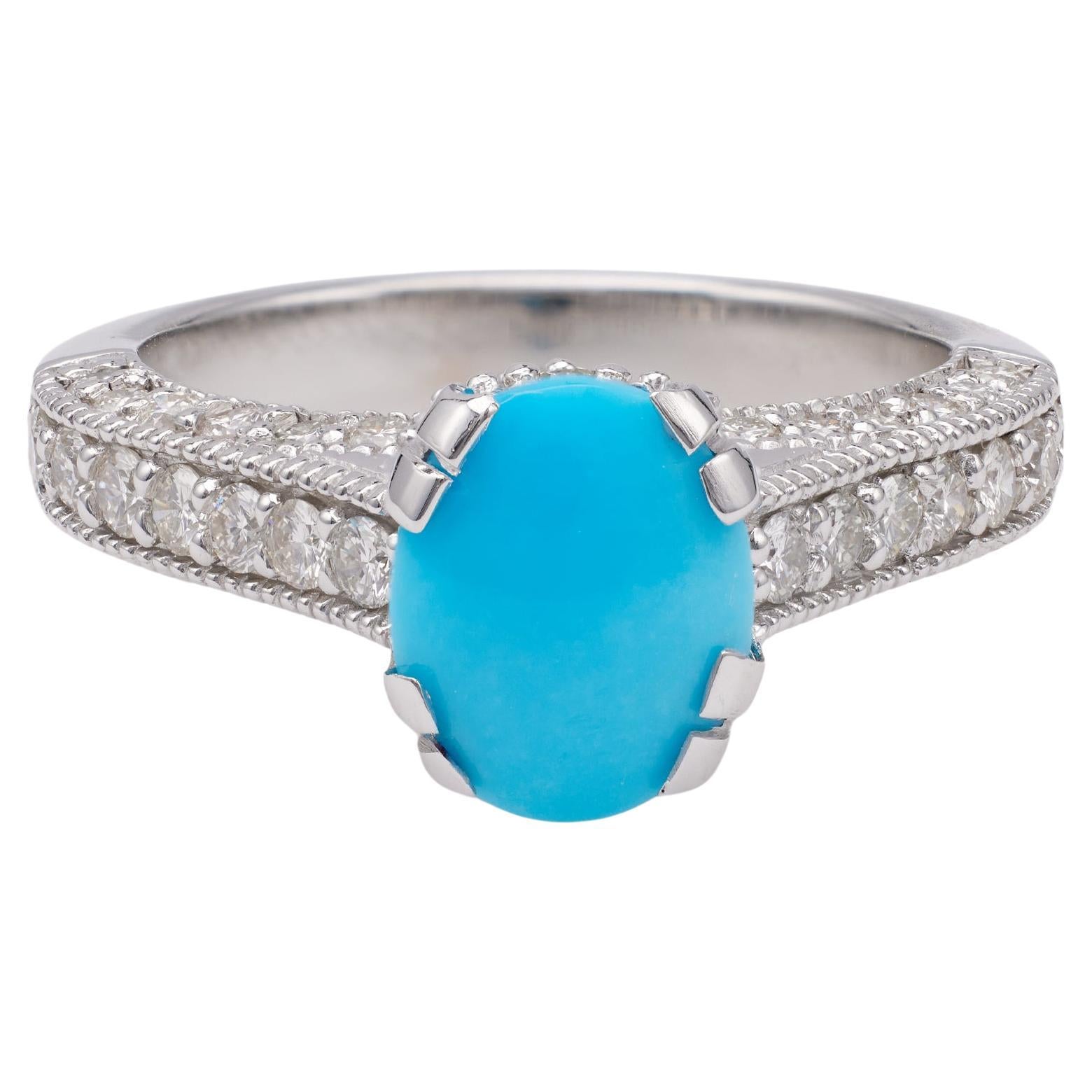 Vintage Turquoise and Diamond 18k White Gold Ring For Sale