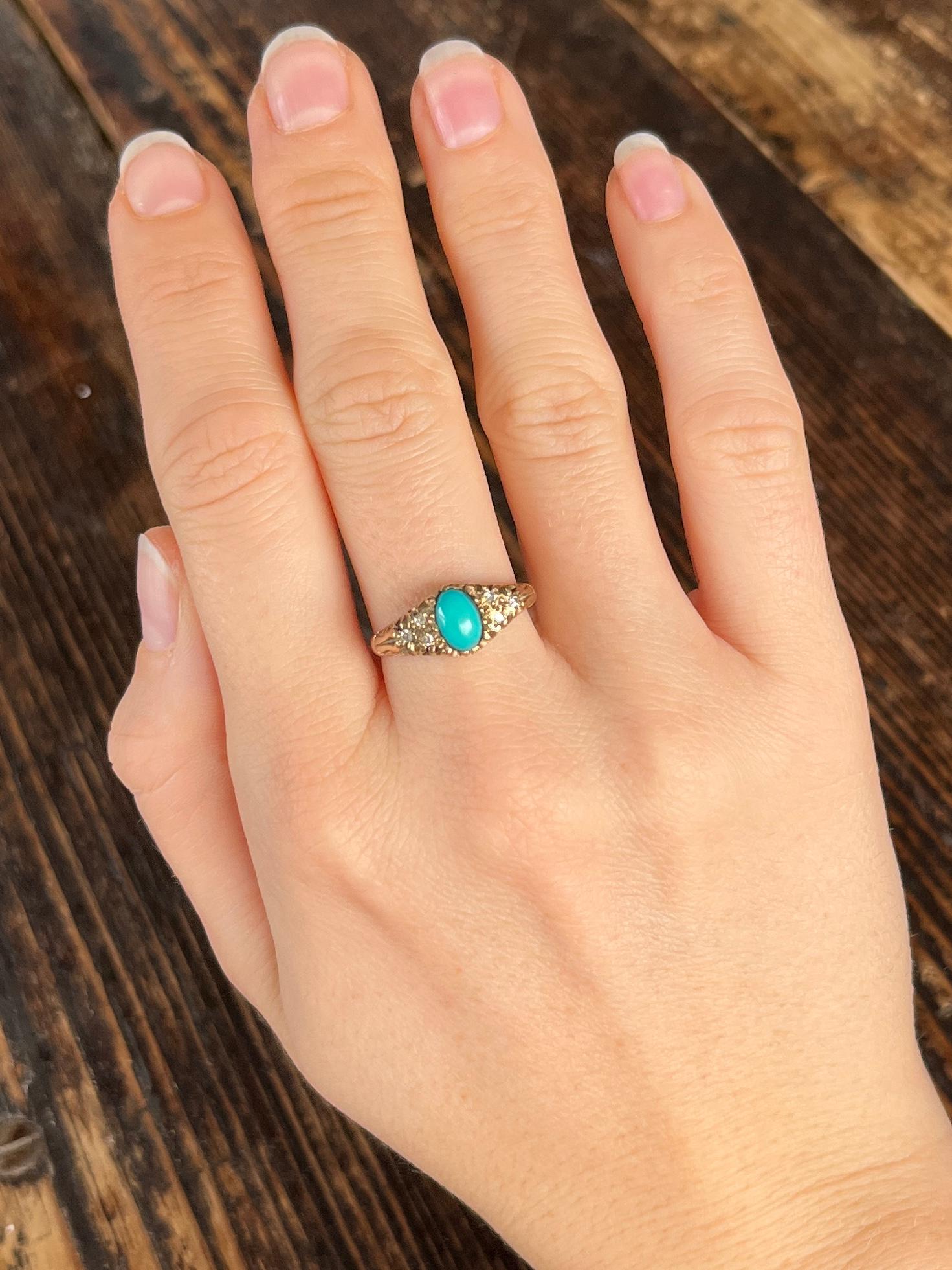 Old Mine Cut Vintage Turquoise and Diamond 9 Carat Gold Ring For Sale