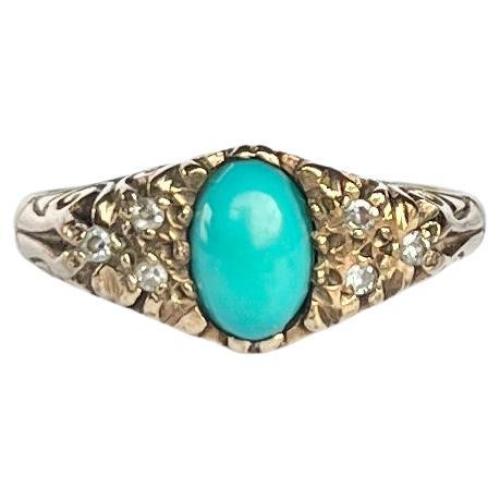 Vintage Turquoise and Diamond 9 Carat Gold Ring For Sale