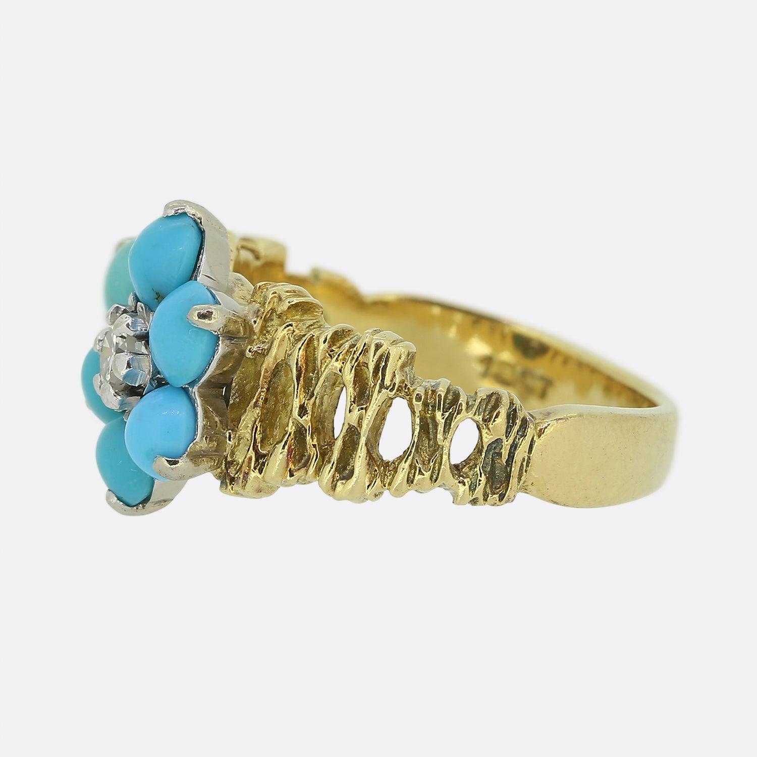 Here we have a beautifully assembled turquoise and diamond cluster ring. This vintage piece features a single 'eight cut' diamond at the centre of the face which is surrounded by a total of six turquoise around the outer edge. These gemstones sit