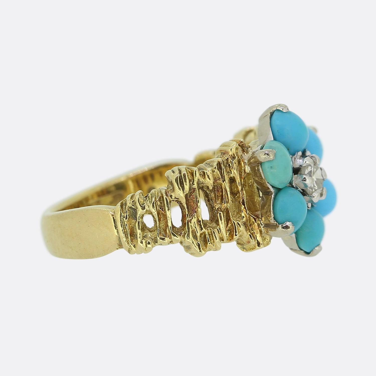 Round Cut Vintage Turquoise and Diamond Cluster Ring For Sale